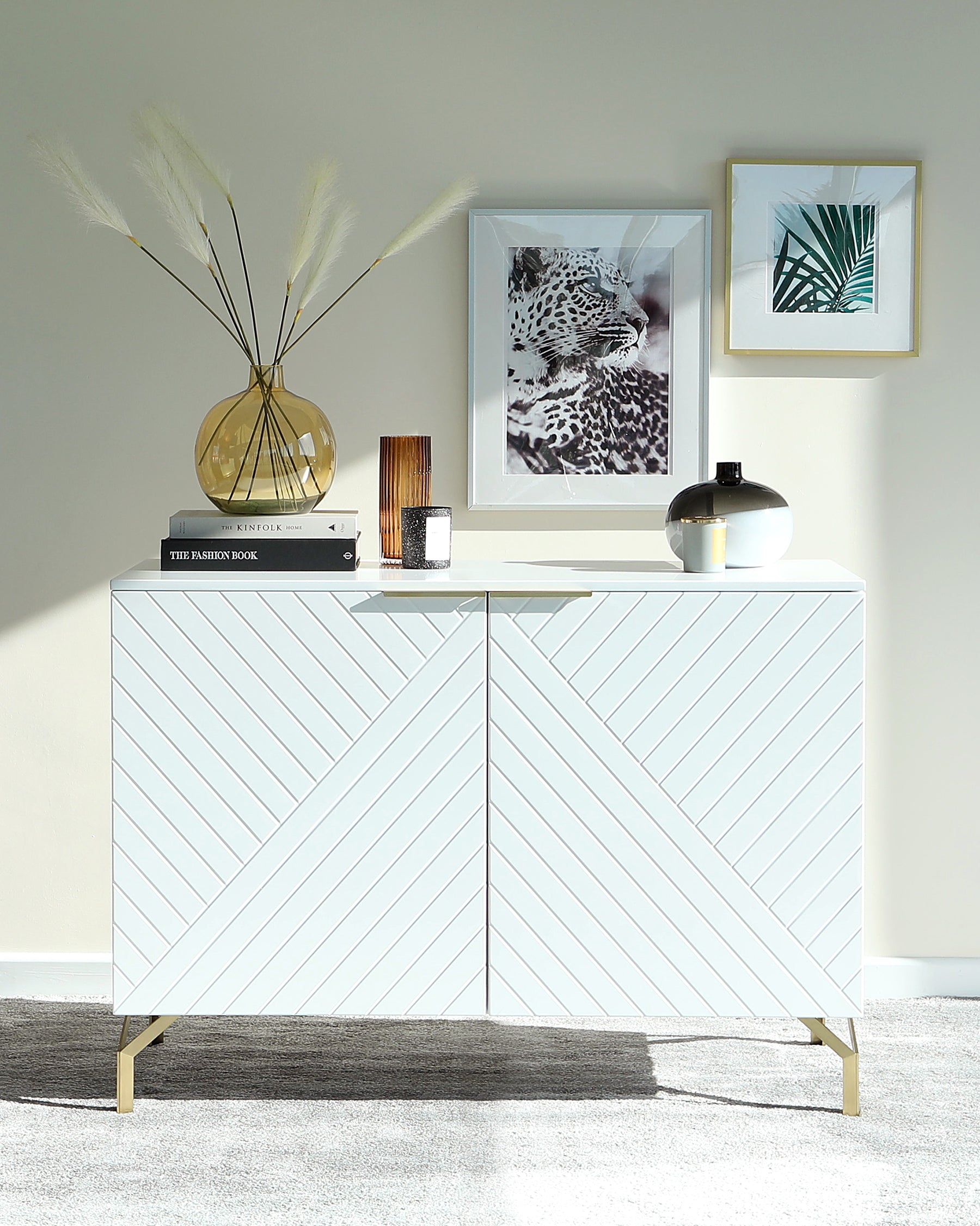 Geo Matt White And Brass Textured Sideboard