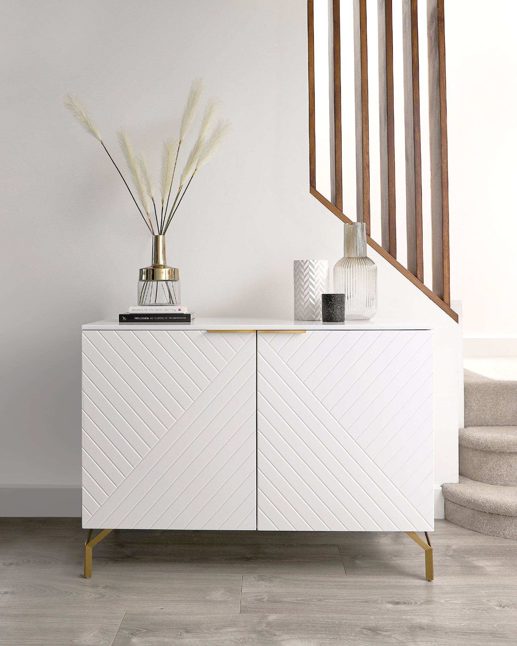 Geo Matt White And Brass Textured Sideboard