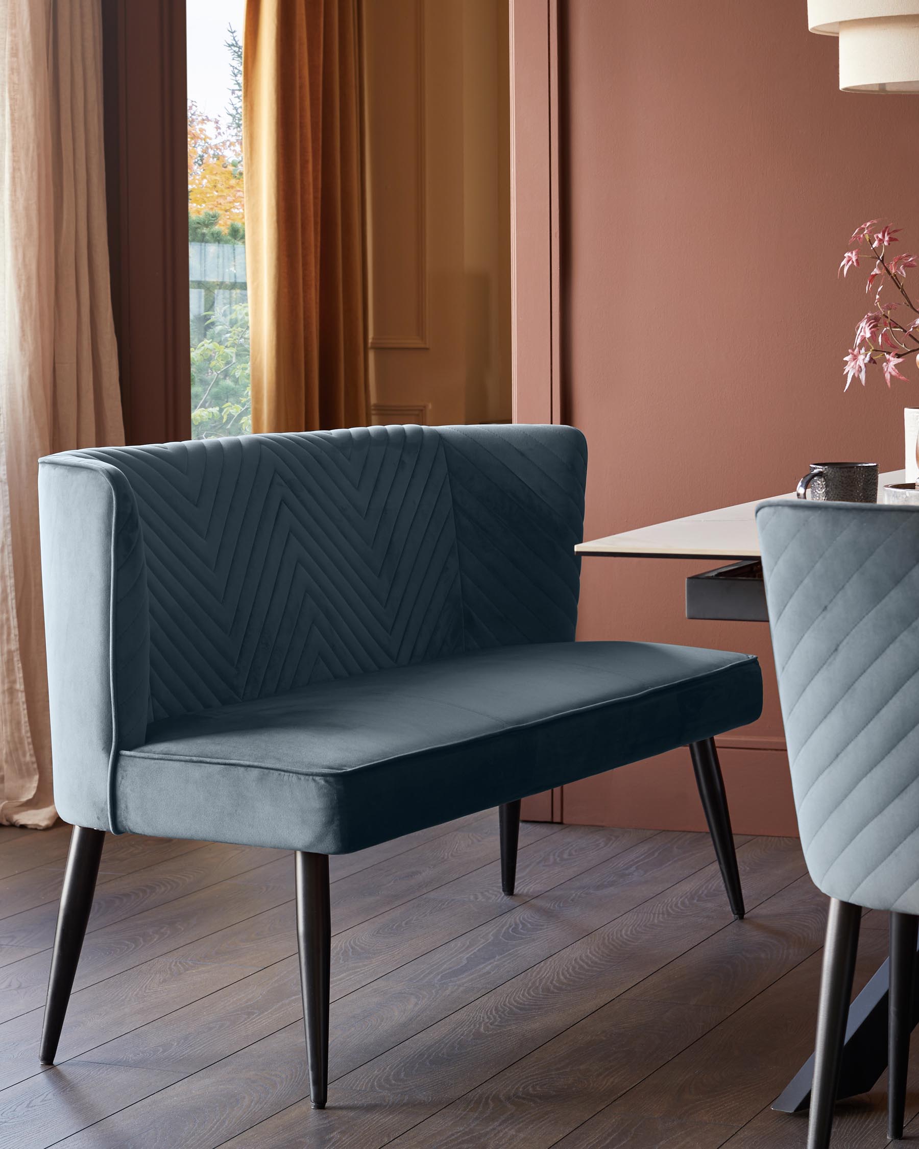 Serena blue grey velvet 3 seater dining bench