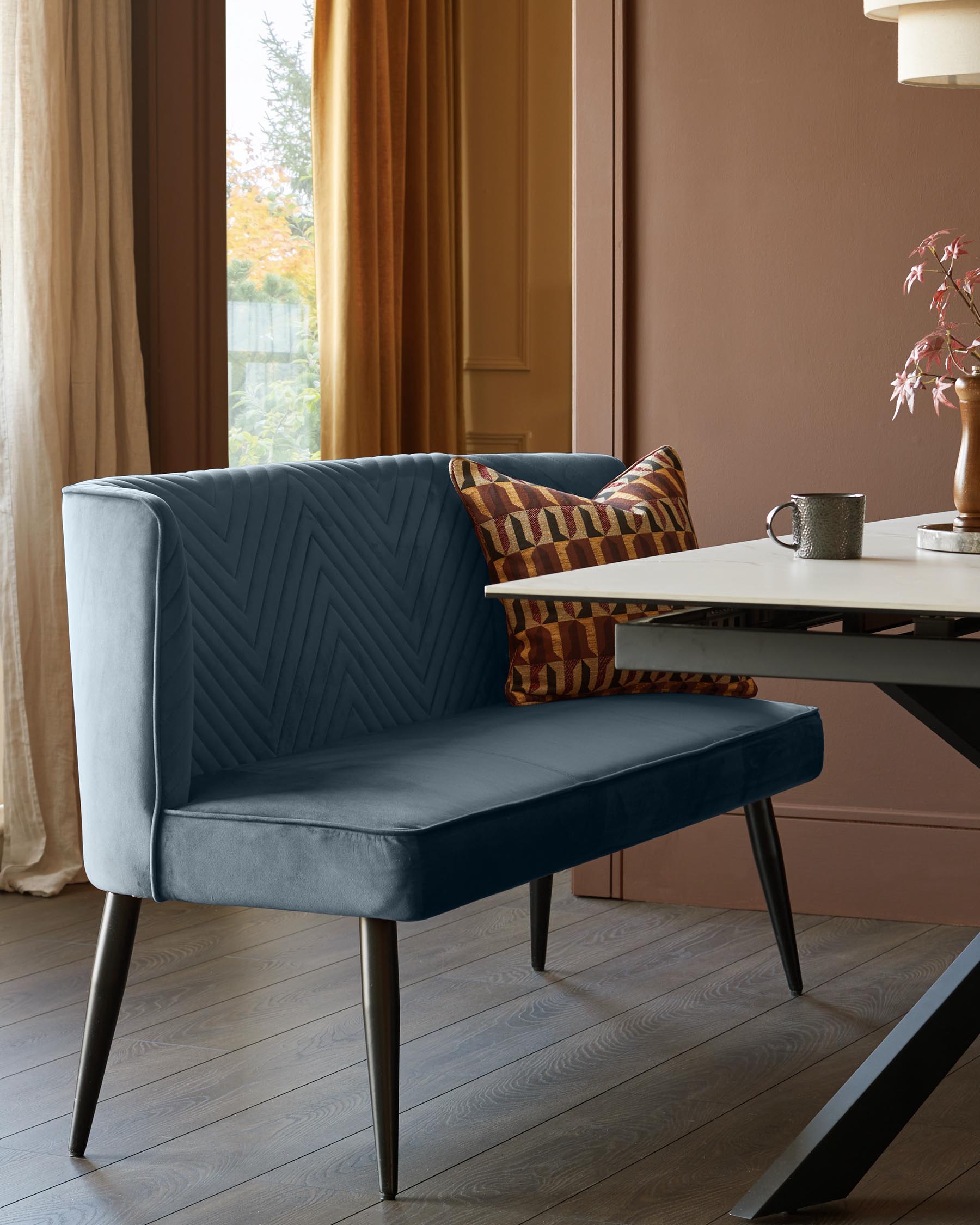 Serena blue grey velvet 3 seater dining bench