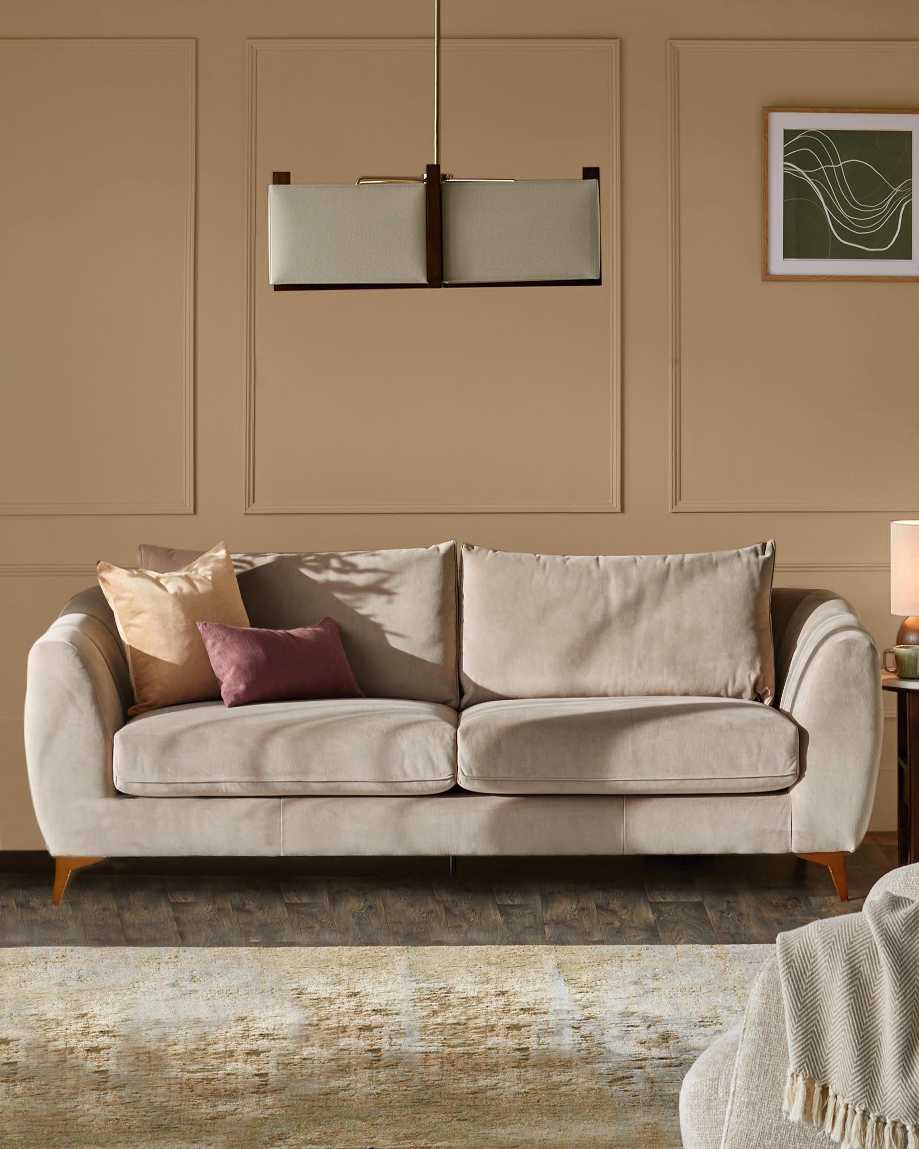 Genevieve champagne velvet 3 seater sofa with wooden leg