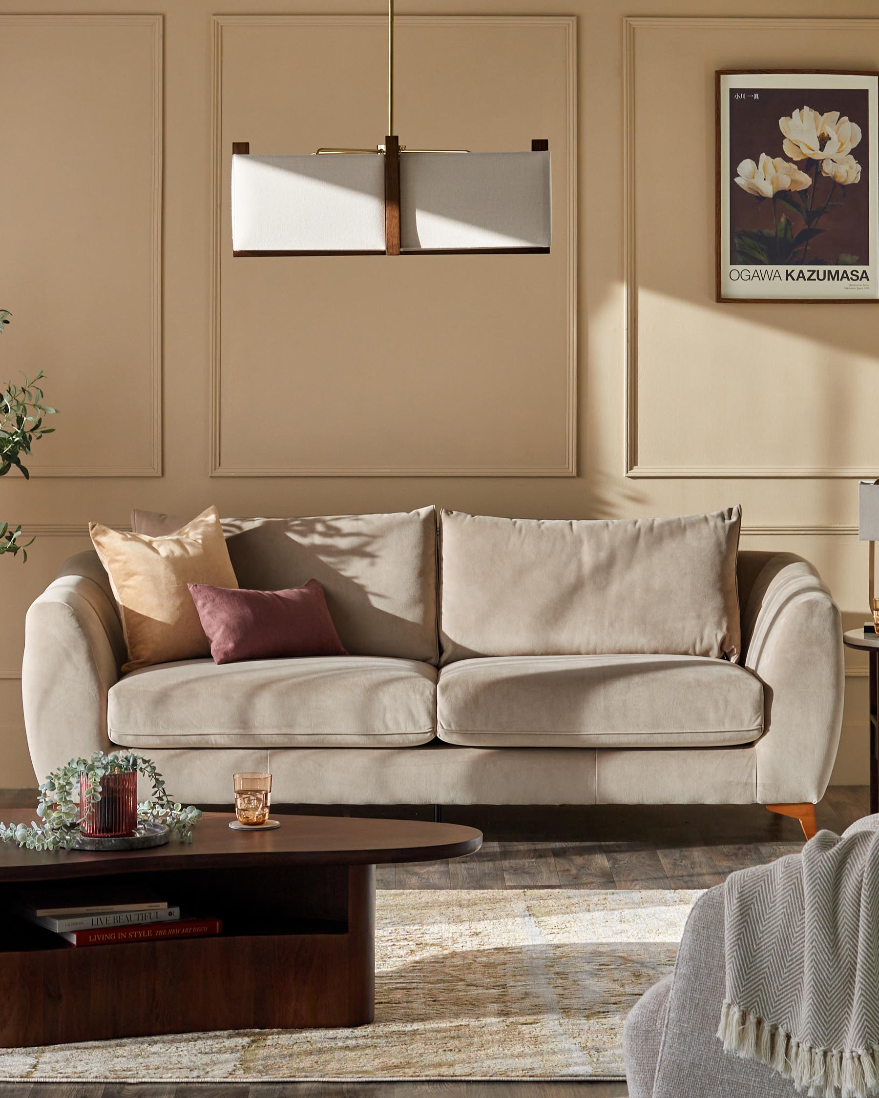 Genevieve champagne velvet 3 seater sofa with wooden leg