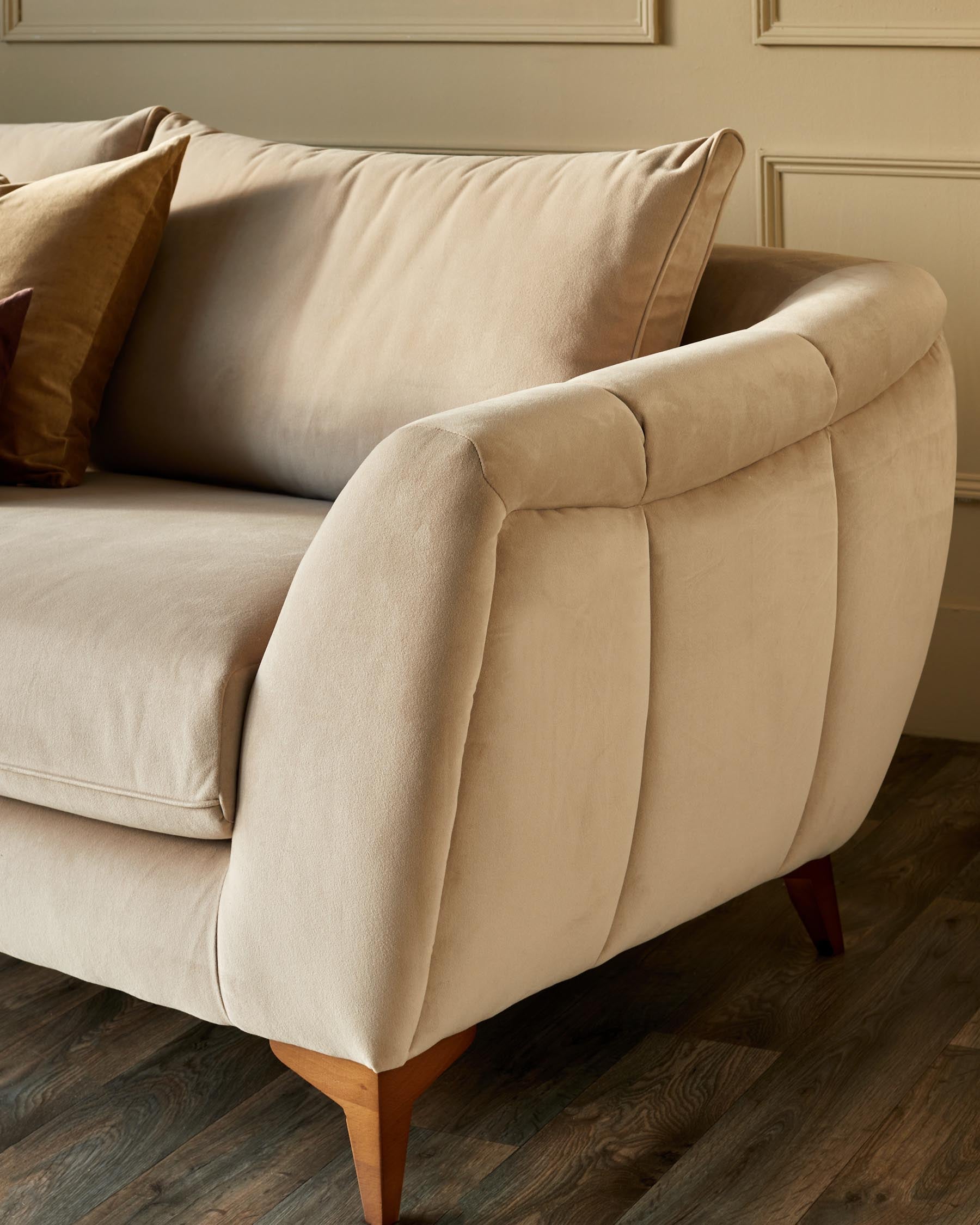 Genevieve champagne velvet 3 seater sofa with wooden leg