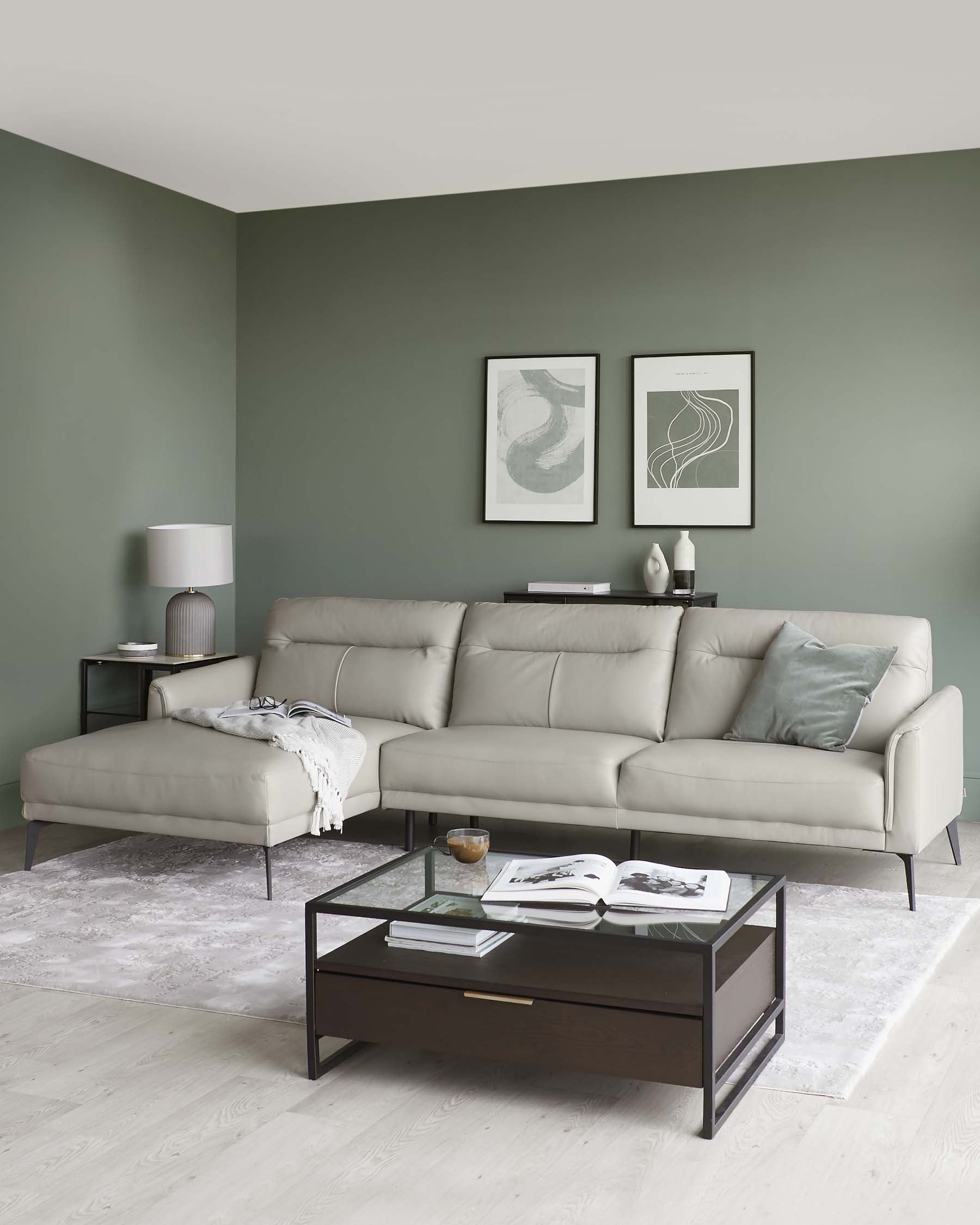 Brooks Light Grey Leather Left Hand Corner Chaise Sofa