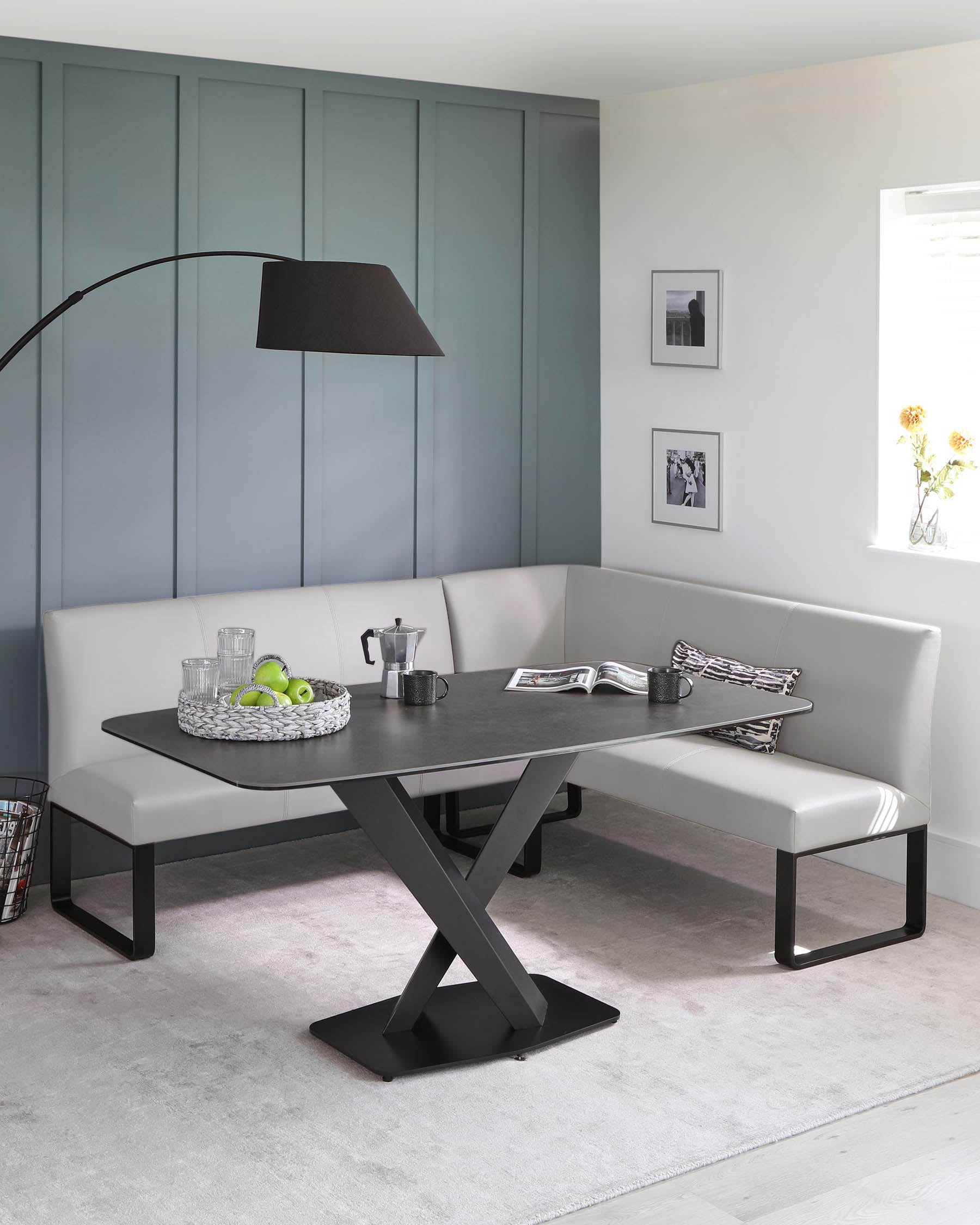 Loop 5 Seater Light Grey Faux Leather & Black Leg Left Hand Corner Dining Bench