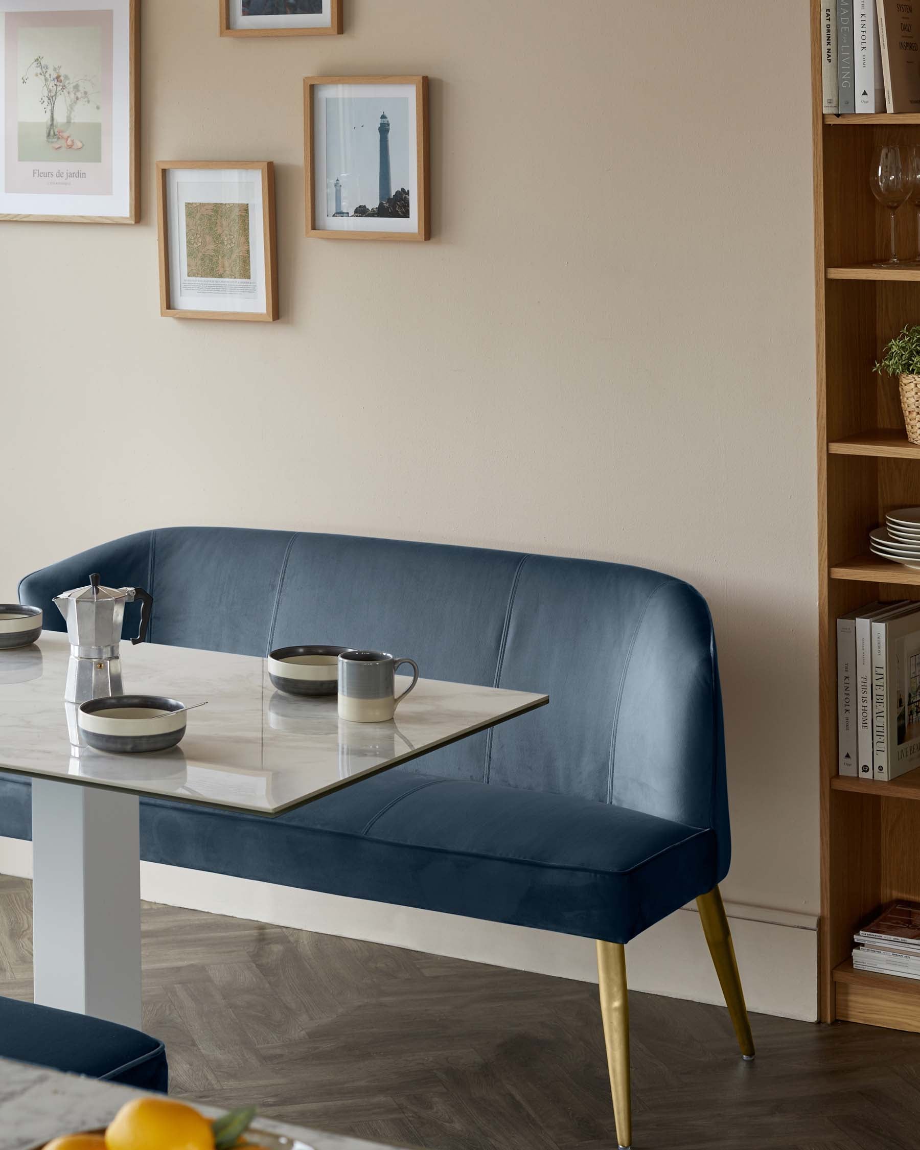 Mellow Dark Blue Velvet 3 Seater Dining Bench With Backrest