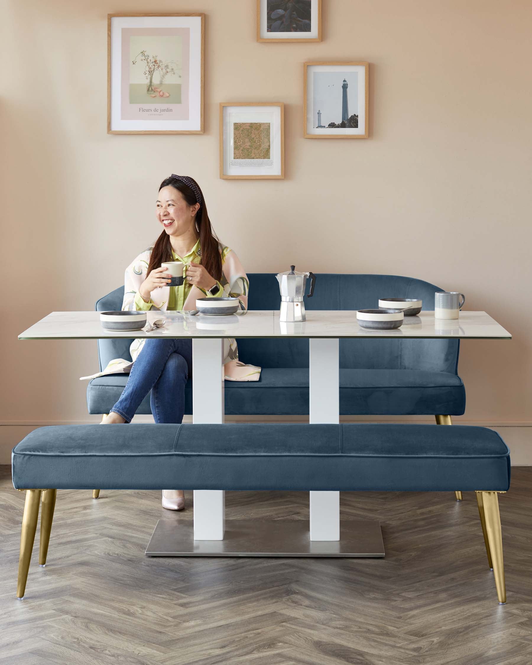 Mellow Dark Blue Velvet 3 Seater Dining Bench With Backrest