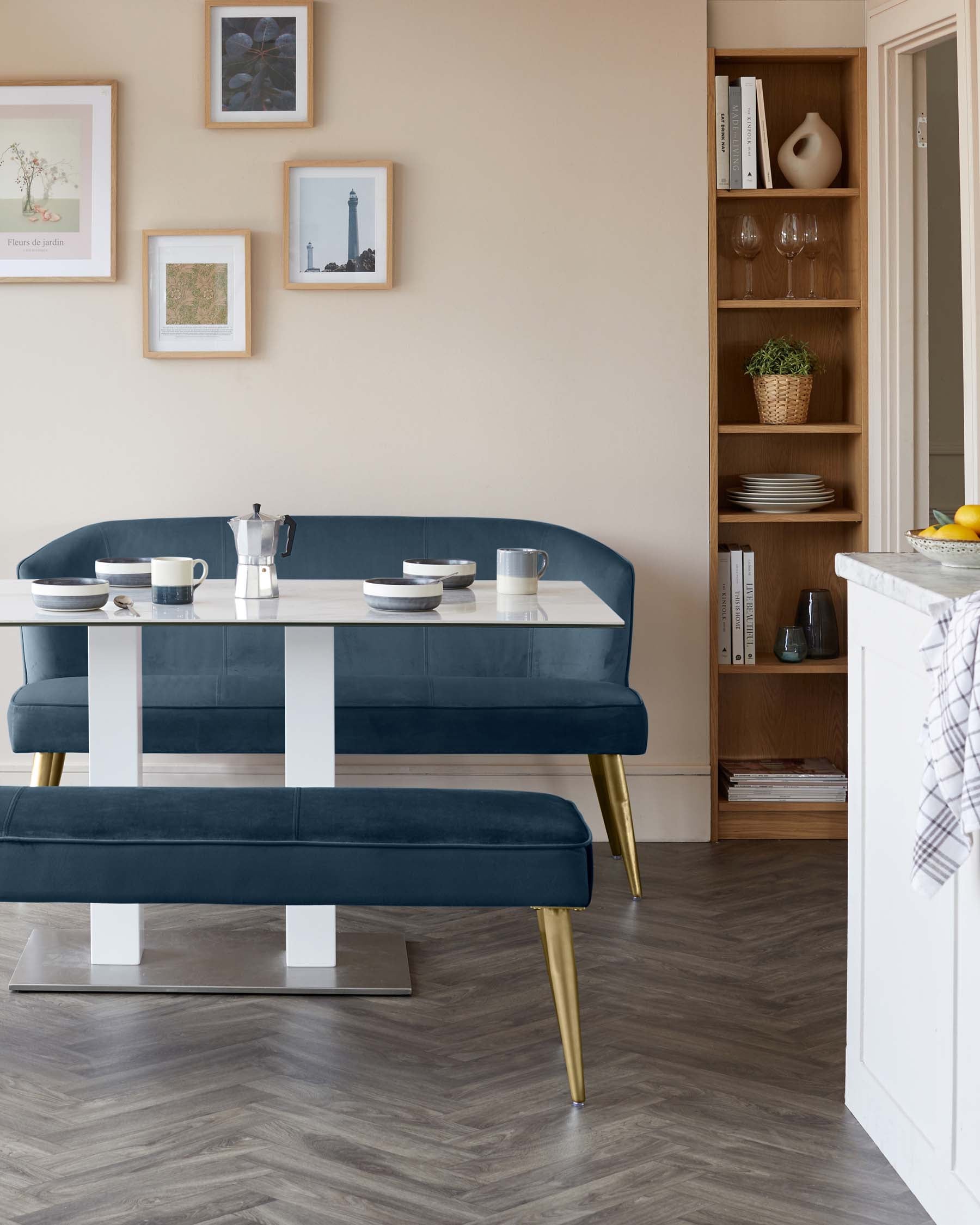Mellow Dark Blue Velvet 3 Seater Dining Bench With Backrest