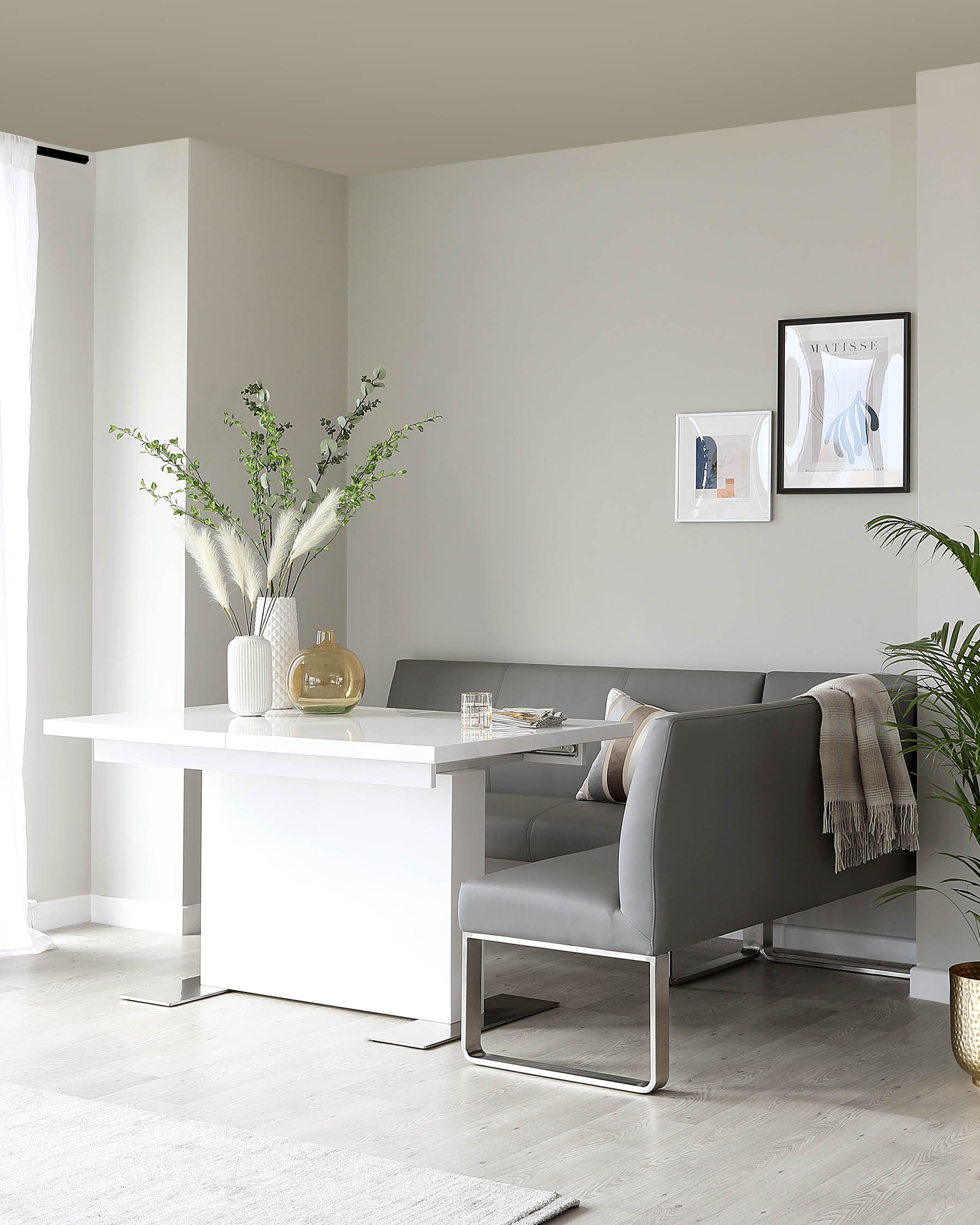 Loop 5 Seater Grey Faux Leather & Stainless Steel Left Hand Corner Dining Bench