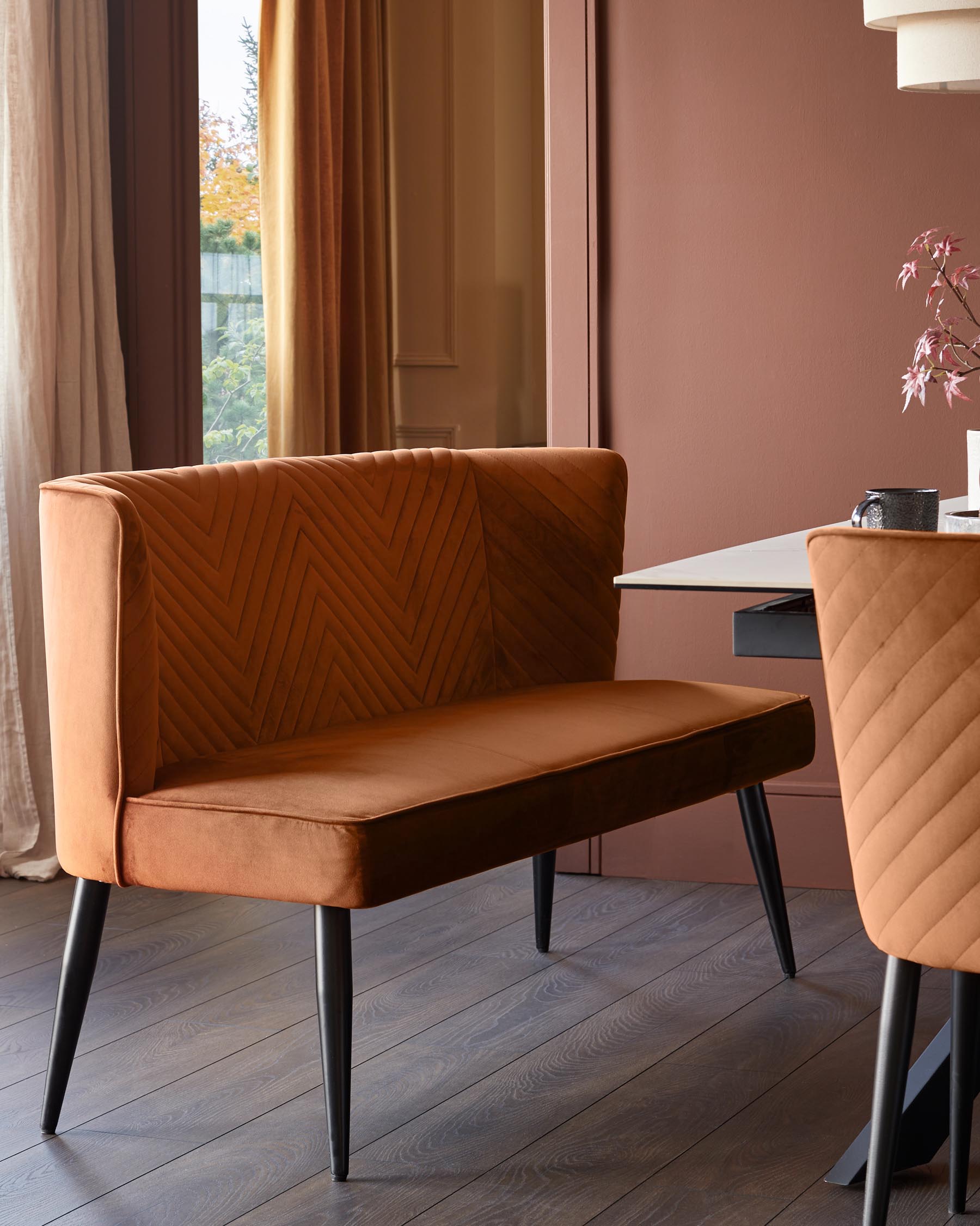 Serena rust velvet 3 seater dining bench