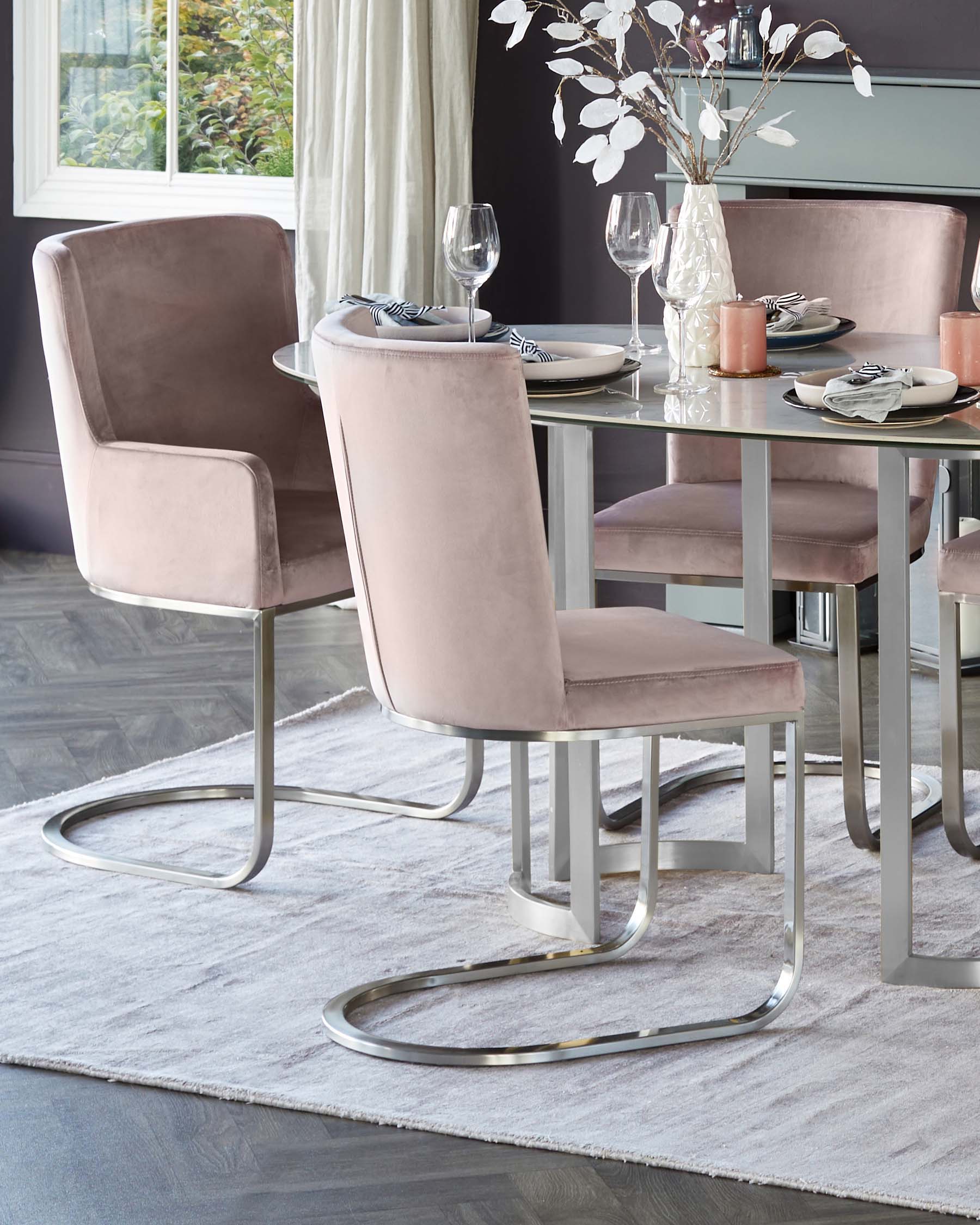 Form Blush Pink Velvet And Brushed Steel Dining Chair