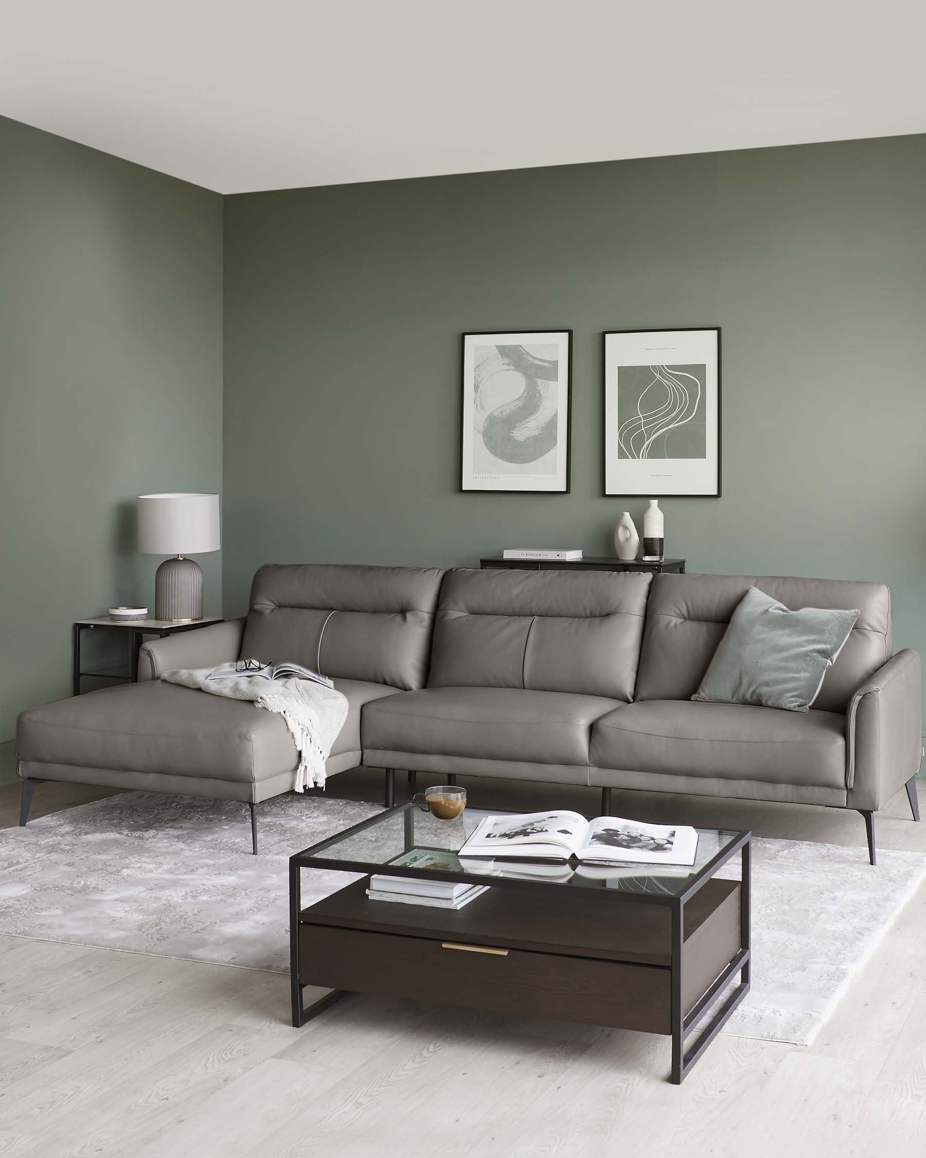 Brooks Dark Grey Leather Left Hand Corner Chaise Sofa