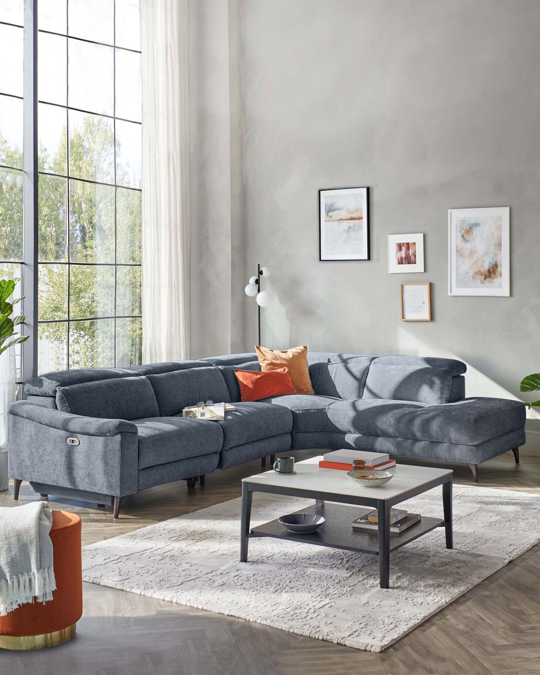 Serene blue grey chenille right hand corner chaise recliner sofa