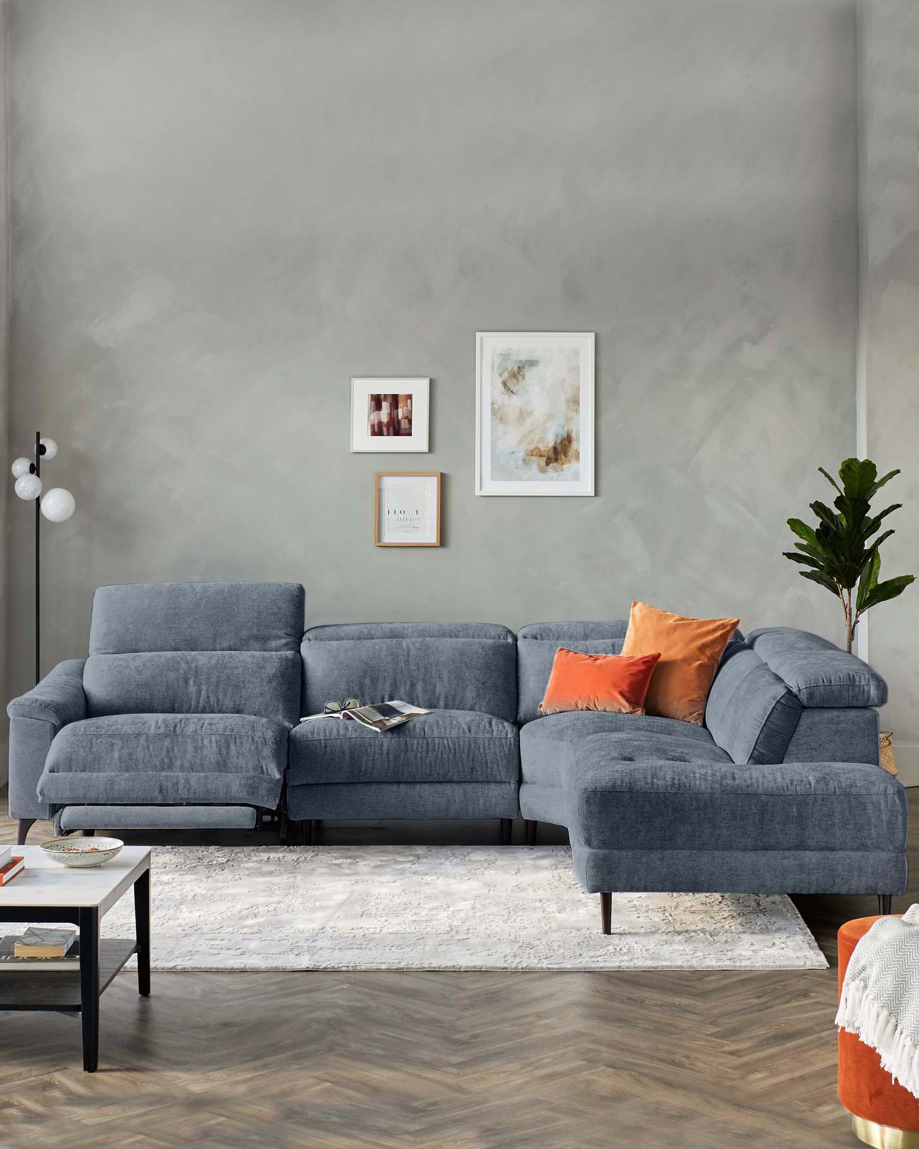 Serene blue grey chenille right hand corner chaise recliner sofa
