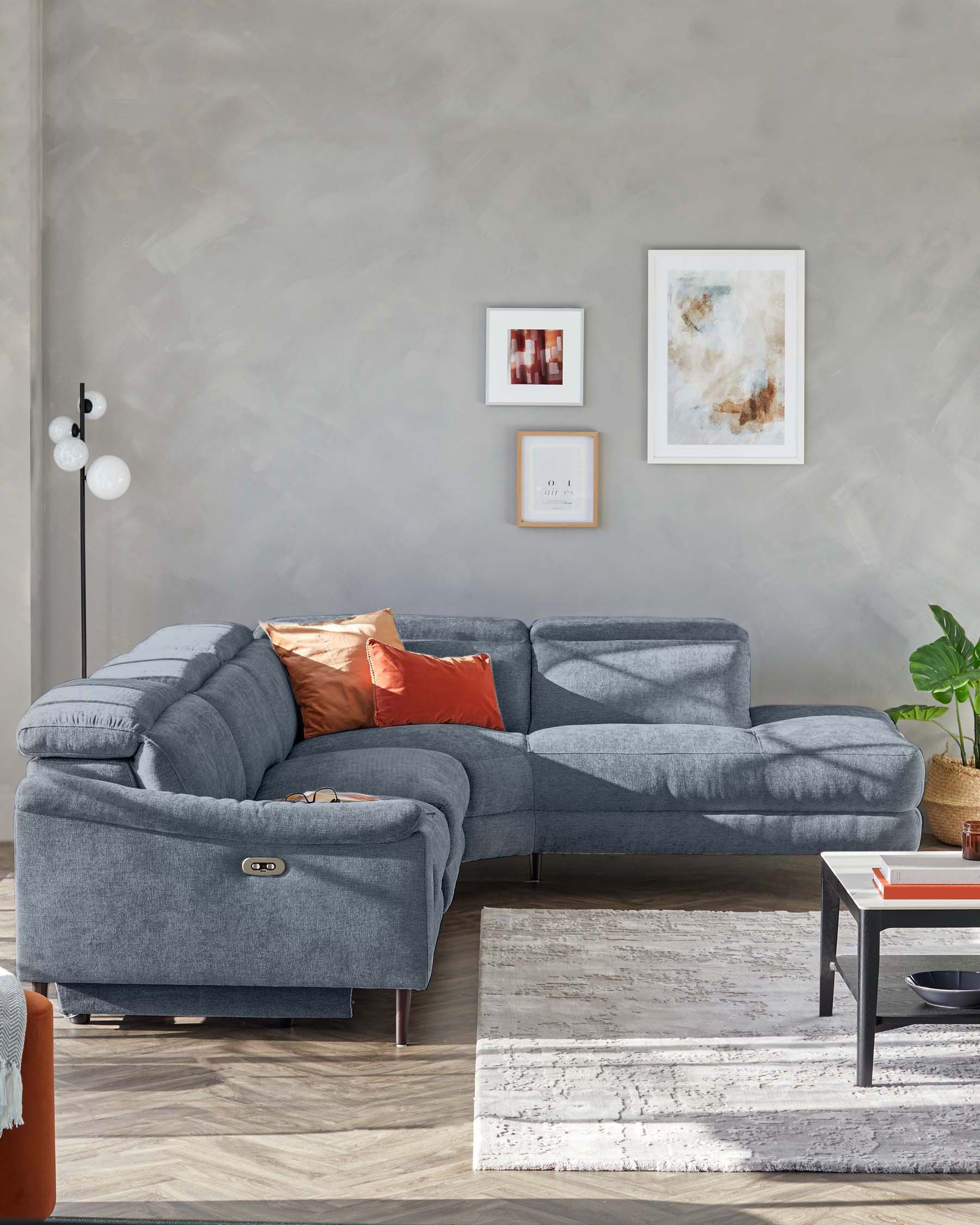 Serene blue grey chenille right hand corner chaise recliner sofa