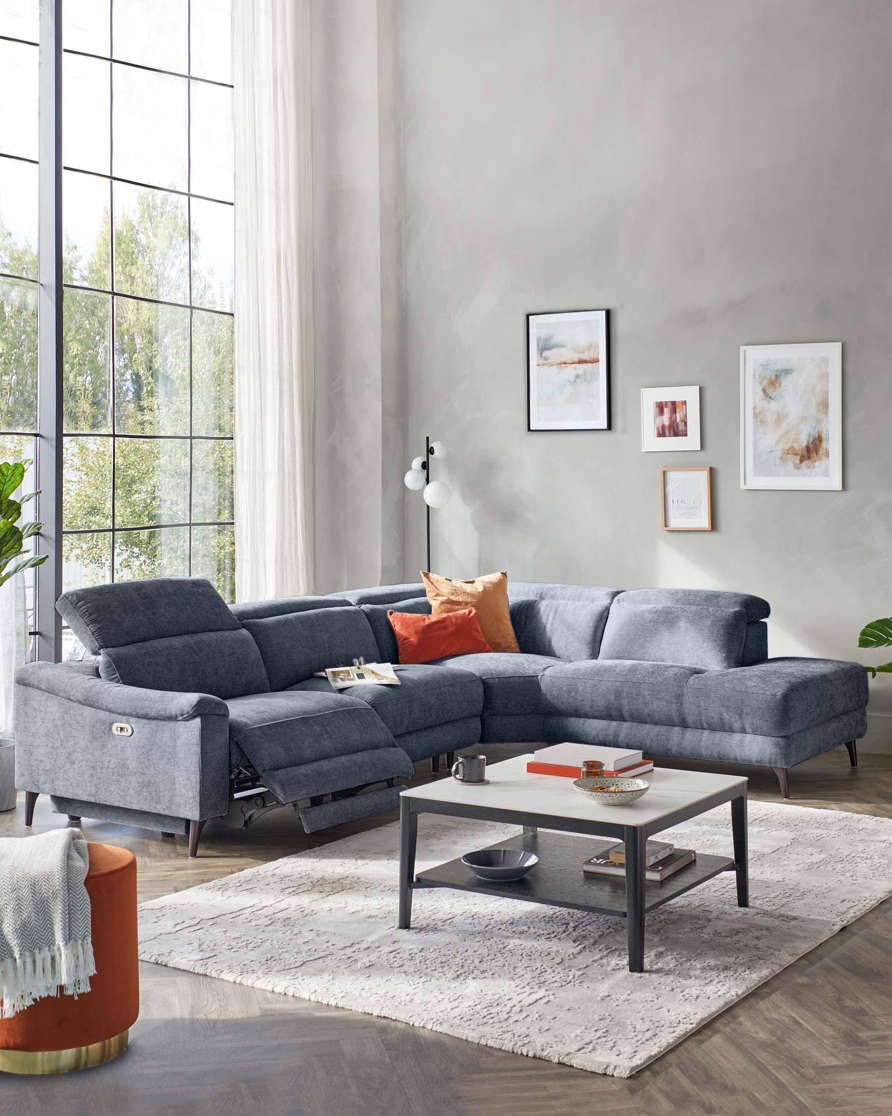 Serene blue grey chenille right hand corner chaise recliner sofa