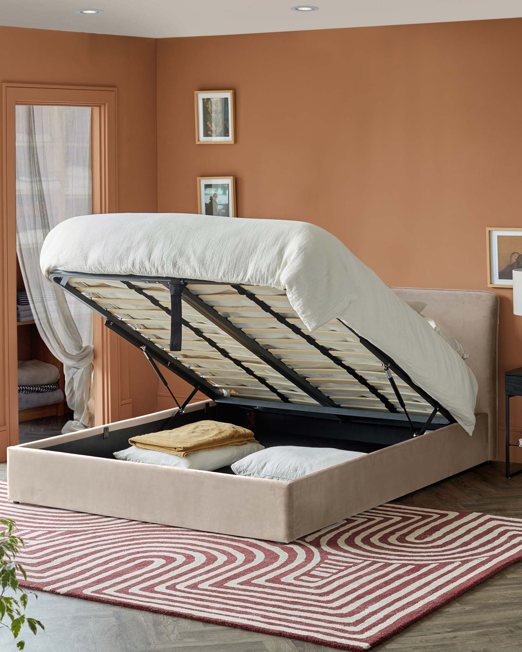 Turin champagne recycled velvet double ottoman storage bed
