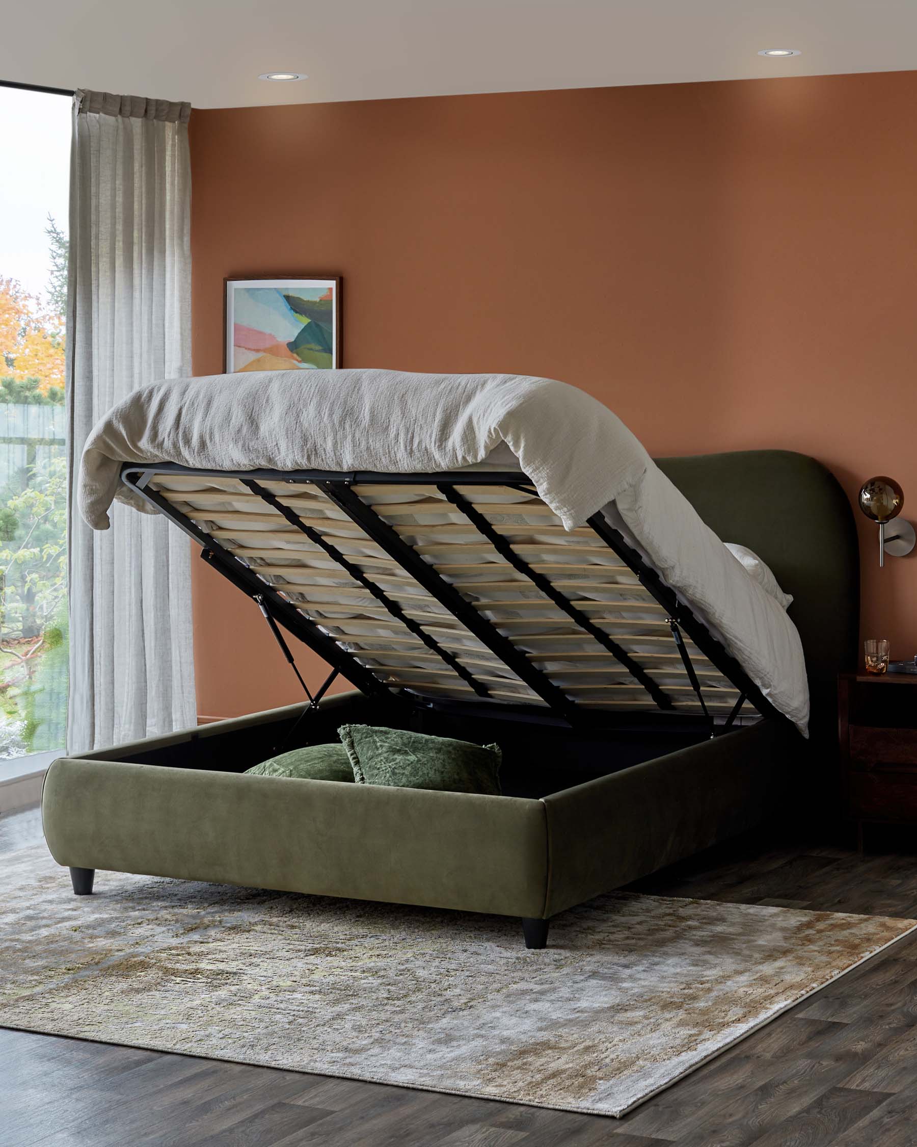 Lani olive green velvet super king ottoman storage bed