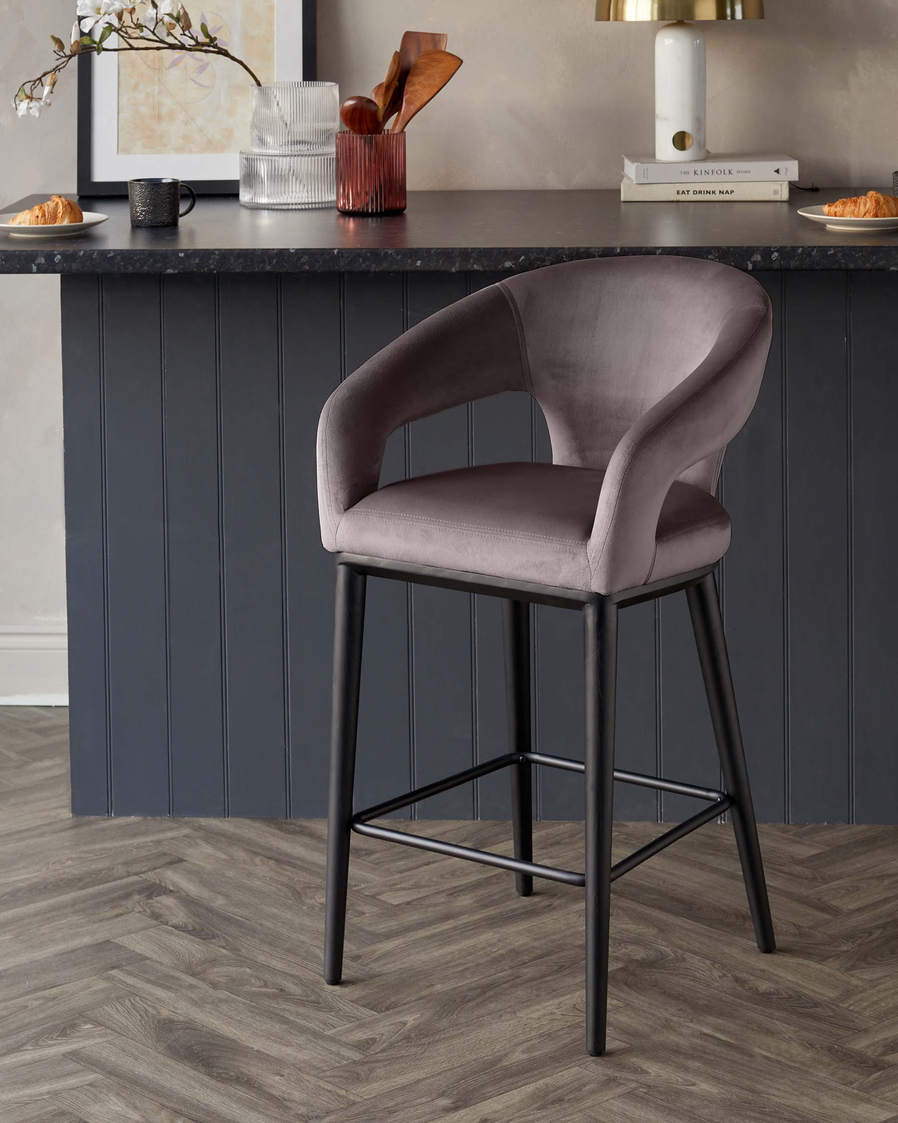 Heath Mocha Plush Velvet Black Wood Bar Stool
