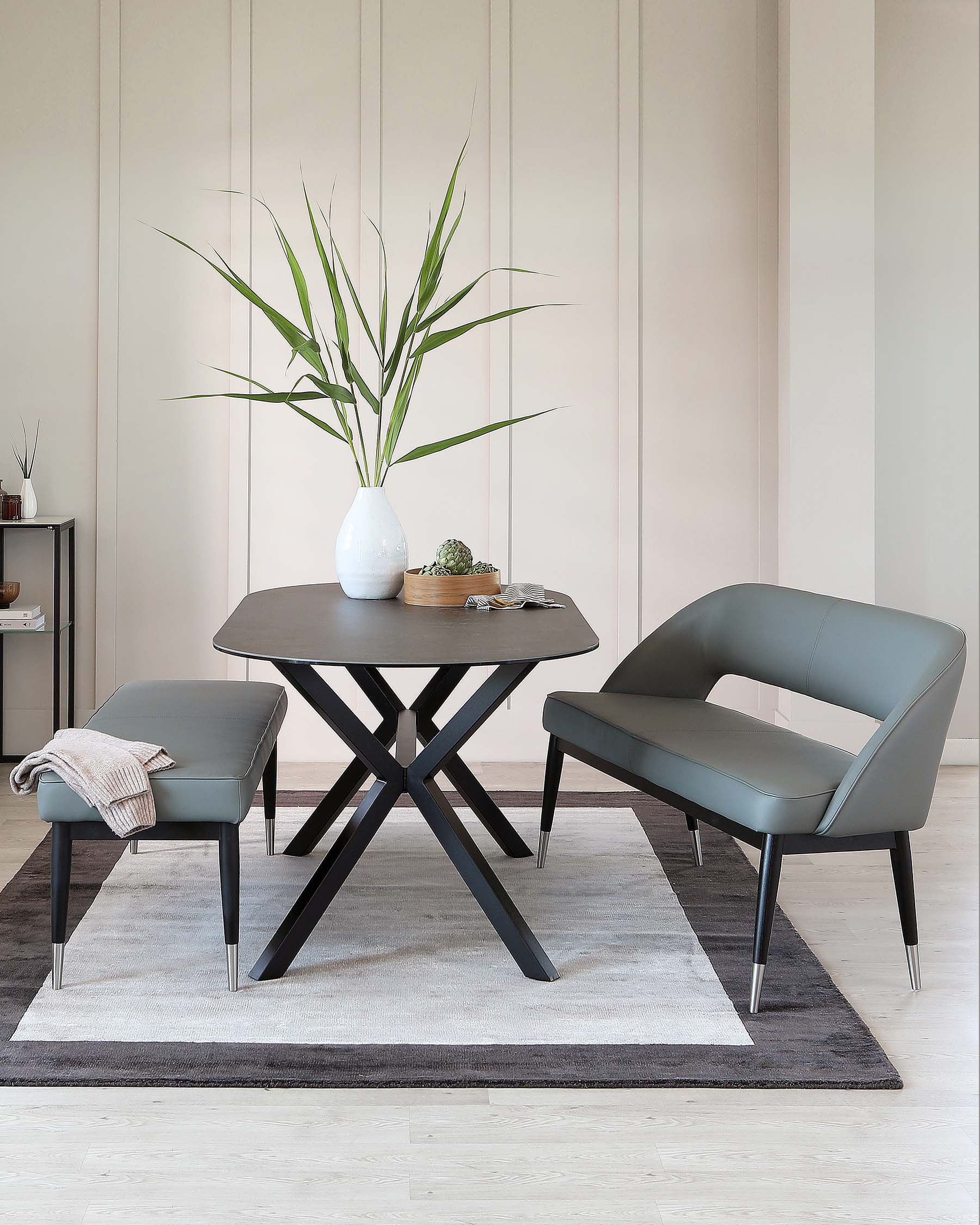 Clover Mid Grey Faux Leather & Stainless Steel Dining Bench With Backrest