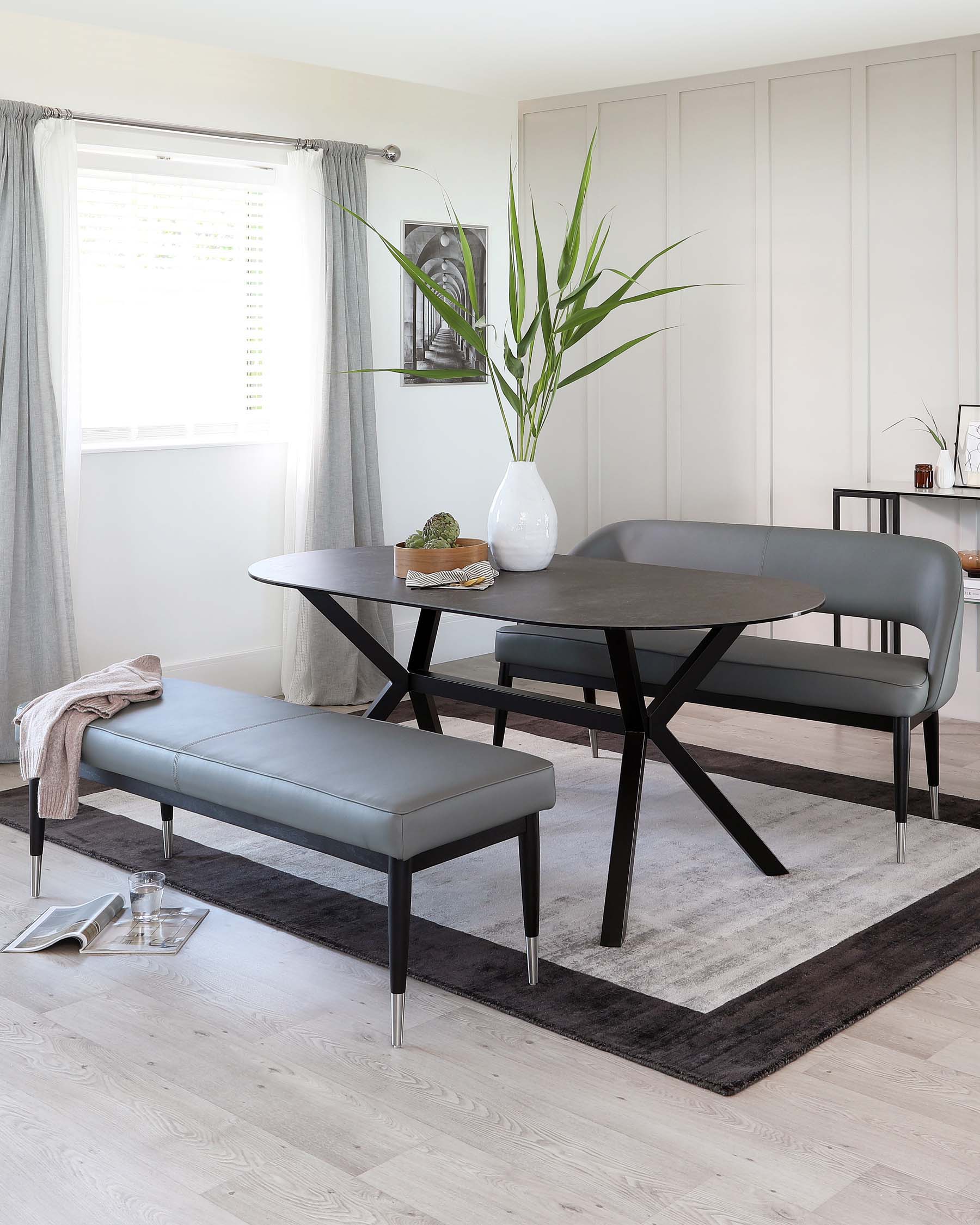 Clover Mid Grey Faux Leather & Stainless Steel Dining Bench With Backrest
