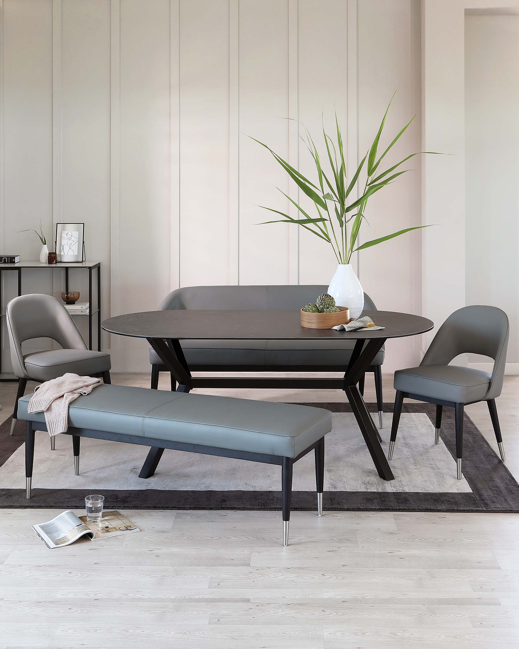Clover Mid Grey Faux Leather & Stainless Steel Dining Bench With Backrest