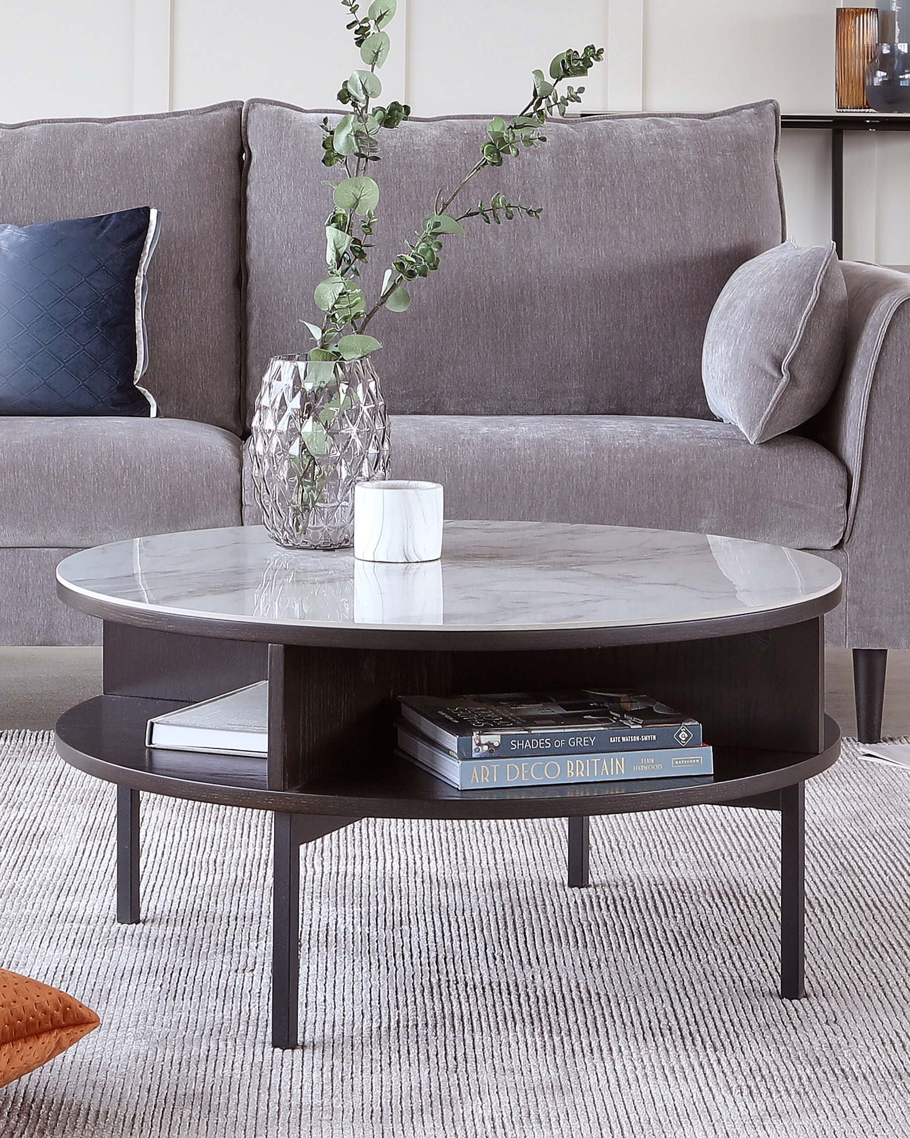 Aurora Marbled Ceramic and Dark Oak Round Coffee Table
