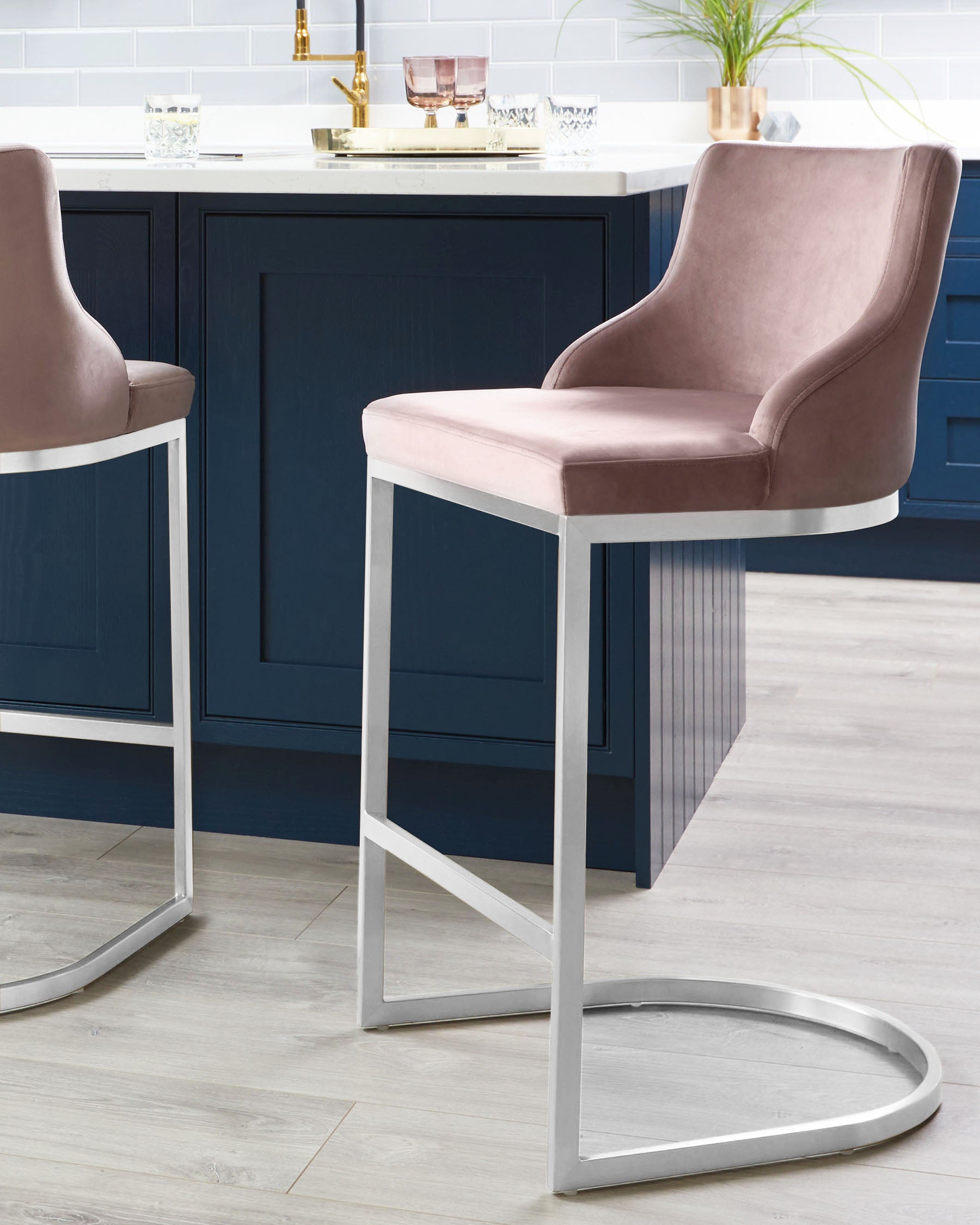 Form Blush Pink Velvet & Brushed Steel Bar Stool With Backrest