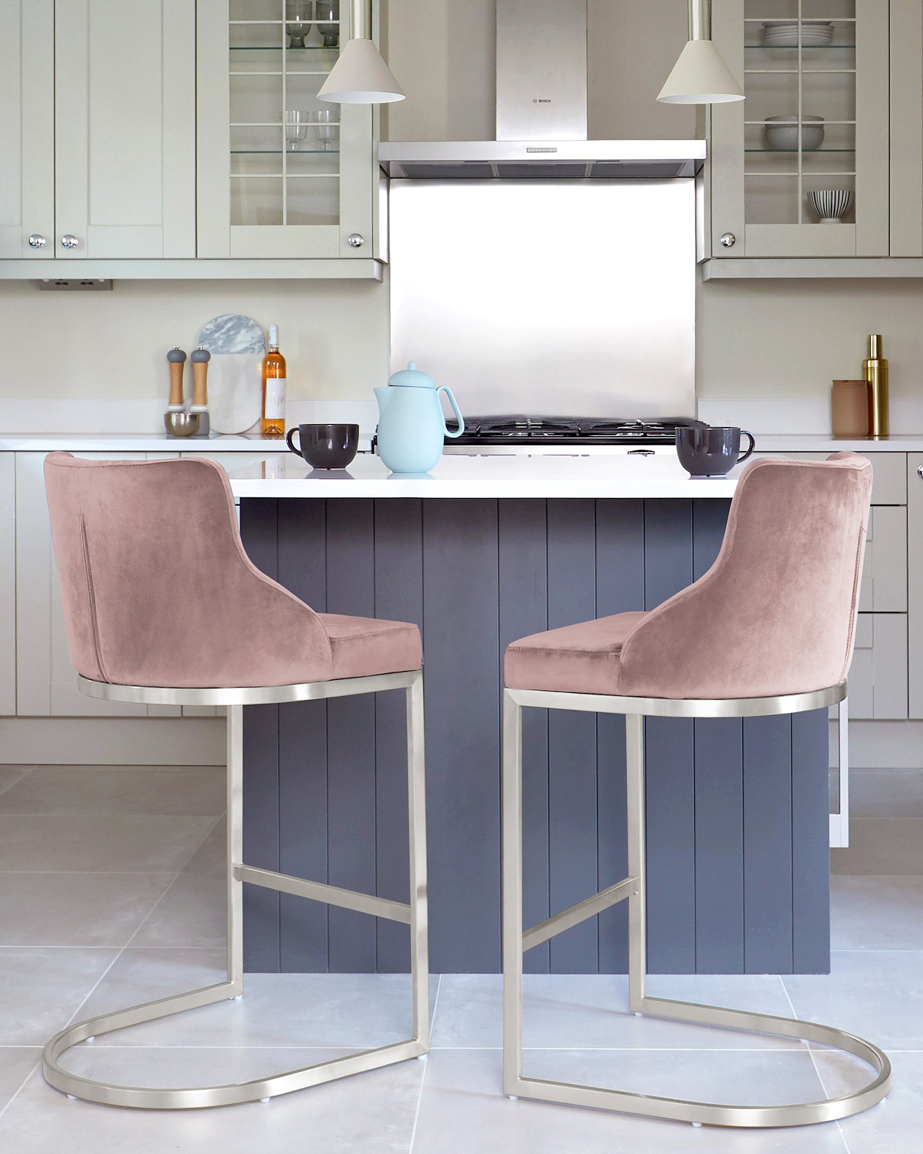 Form Blush Pink Velvet & Brushed Steel Bar Stool With Backrest