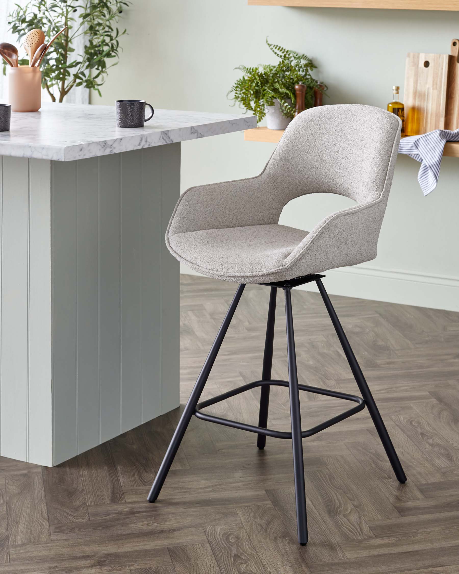 Marlow Swivel Black Metal Bar Stool Light Grey Boucle