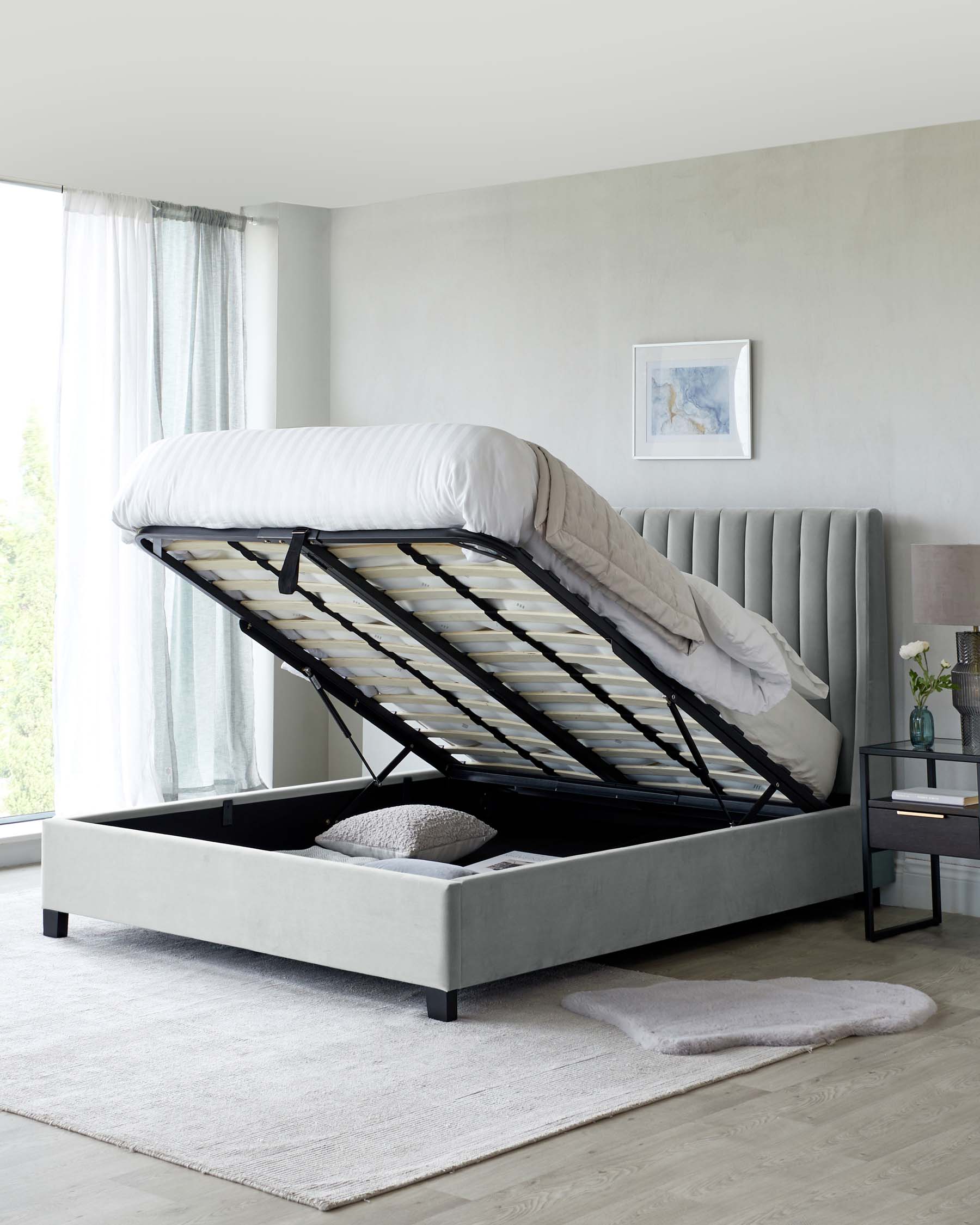 Amalfi light grey velvet double ottoman storage bed