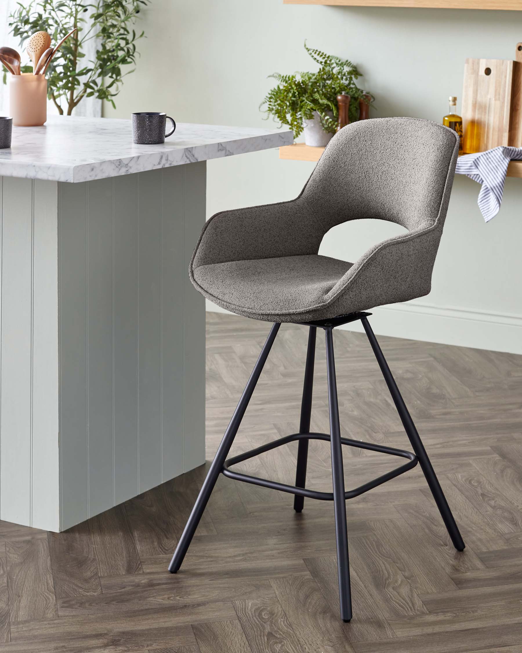 Marlow Swivel Black Metal Bar Stool Warm Grey Boucle