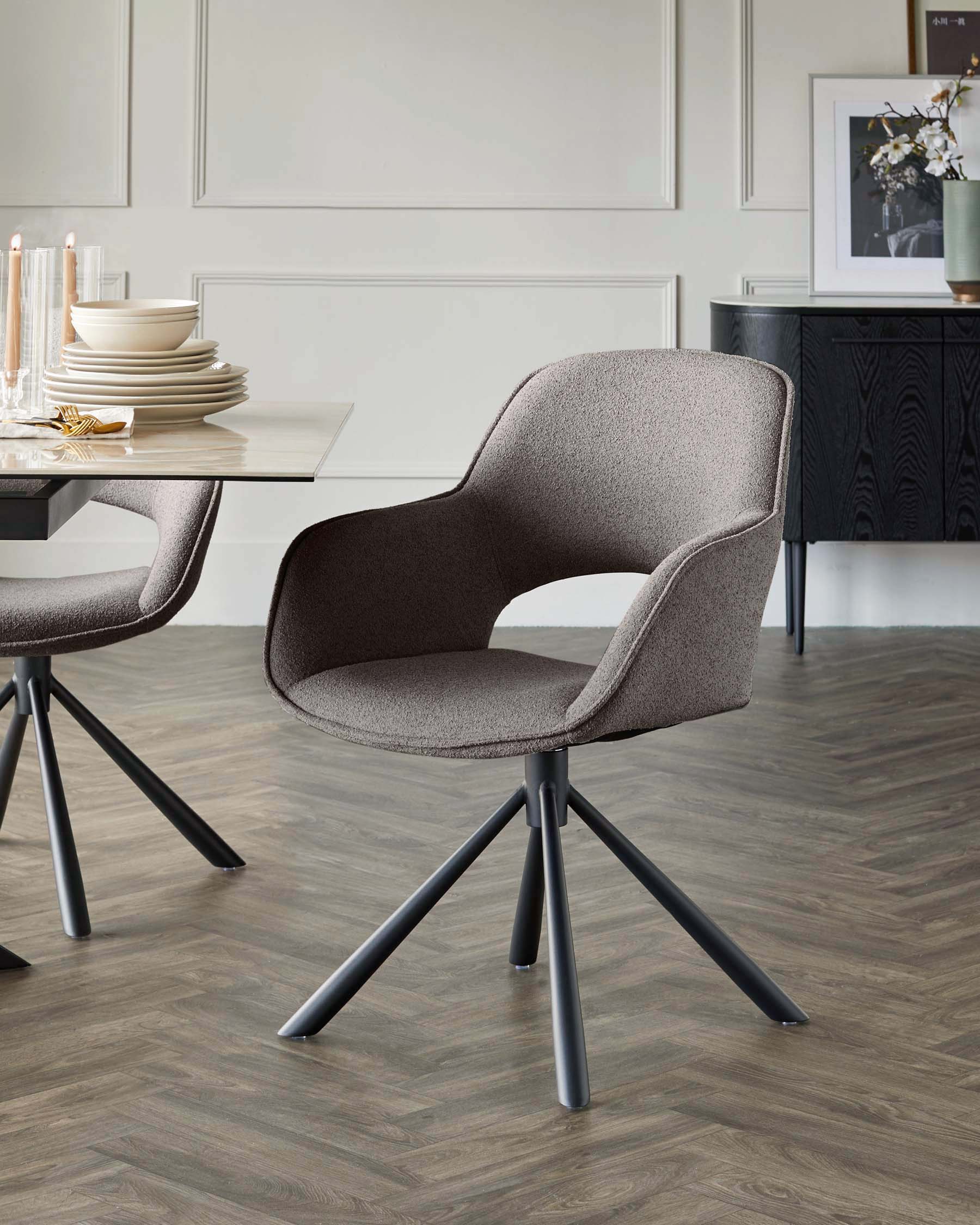Marlow Warm Grey Soft Touch Boucle Swivel Black Metal Dining Chair