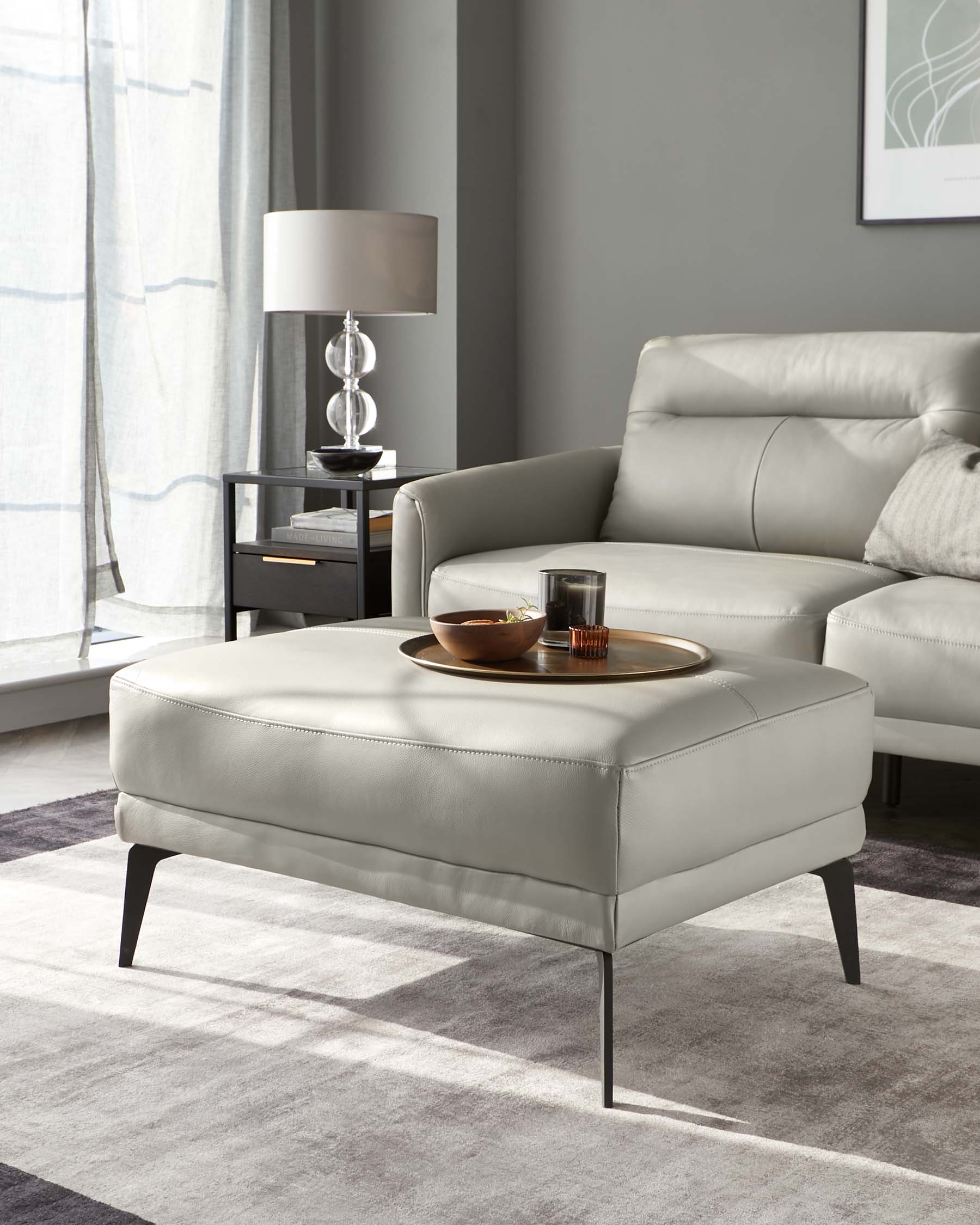 Brooks Light Grey Leather Footstool