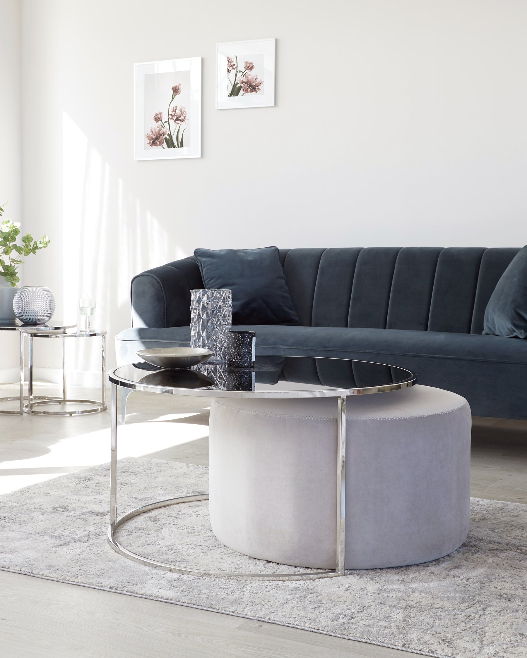 Thea Round Coffee Table And Light Grey Pouffe Set