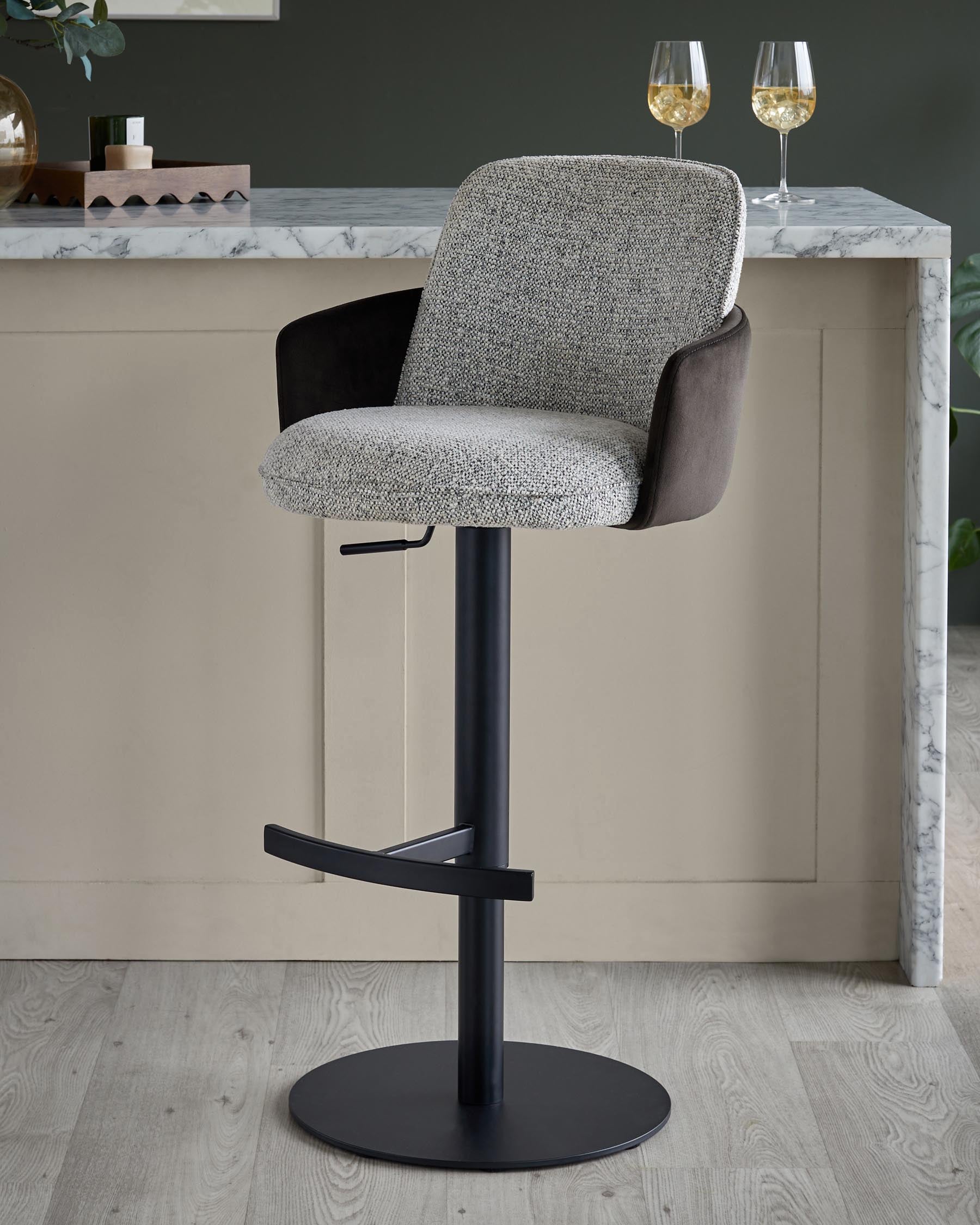 Wren grey fabric and mocha velvet gas lift bar stool