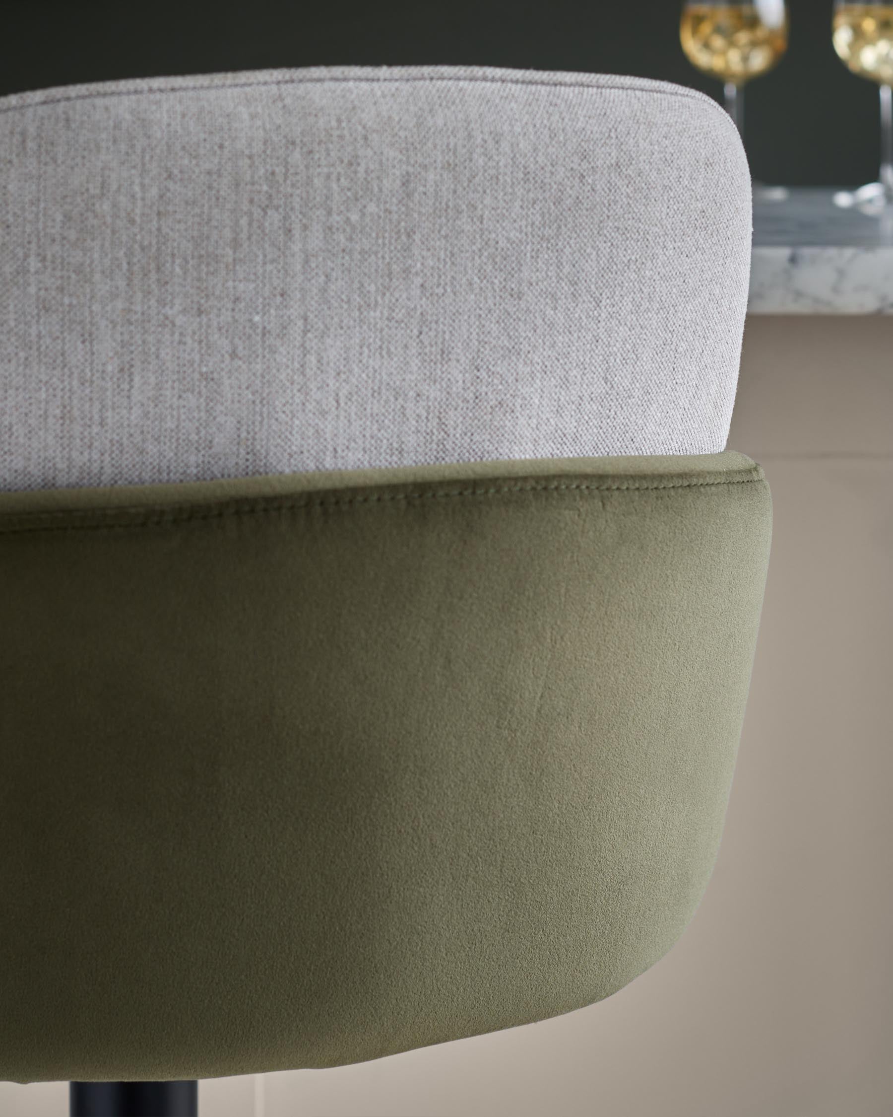 Wren natural fabric and olive green velvet gas lift bar stool
