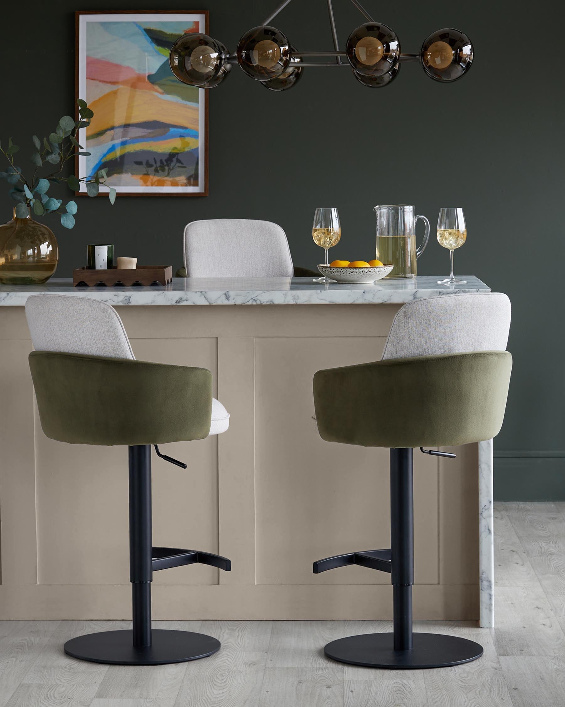 Wren natural fabric and olive green velvet gas lift bar stool