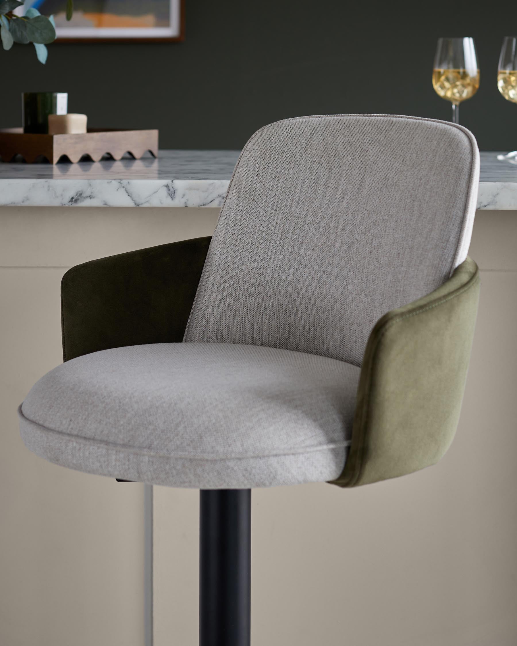 Wren natural fabric and olive green velvet gas lift bar stool