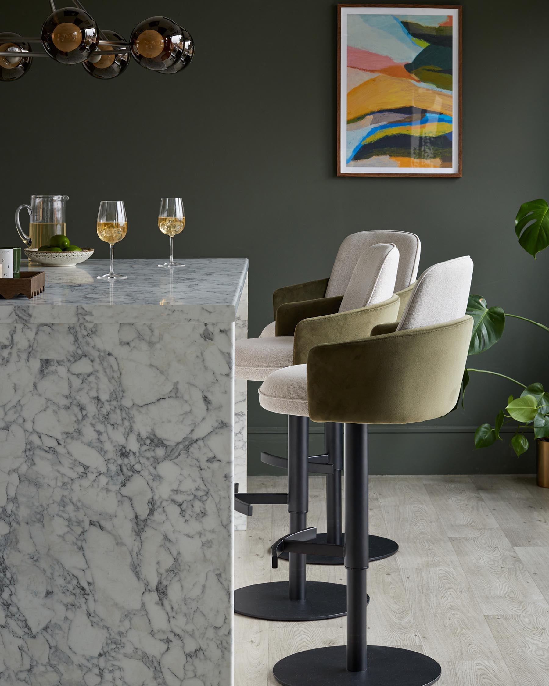Wren natural fabric and olive green velvet gas lift bar stool