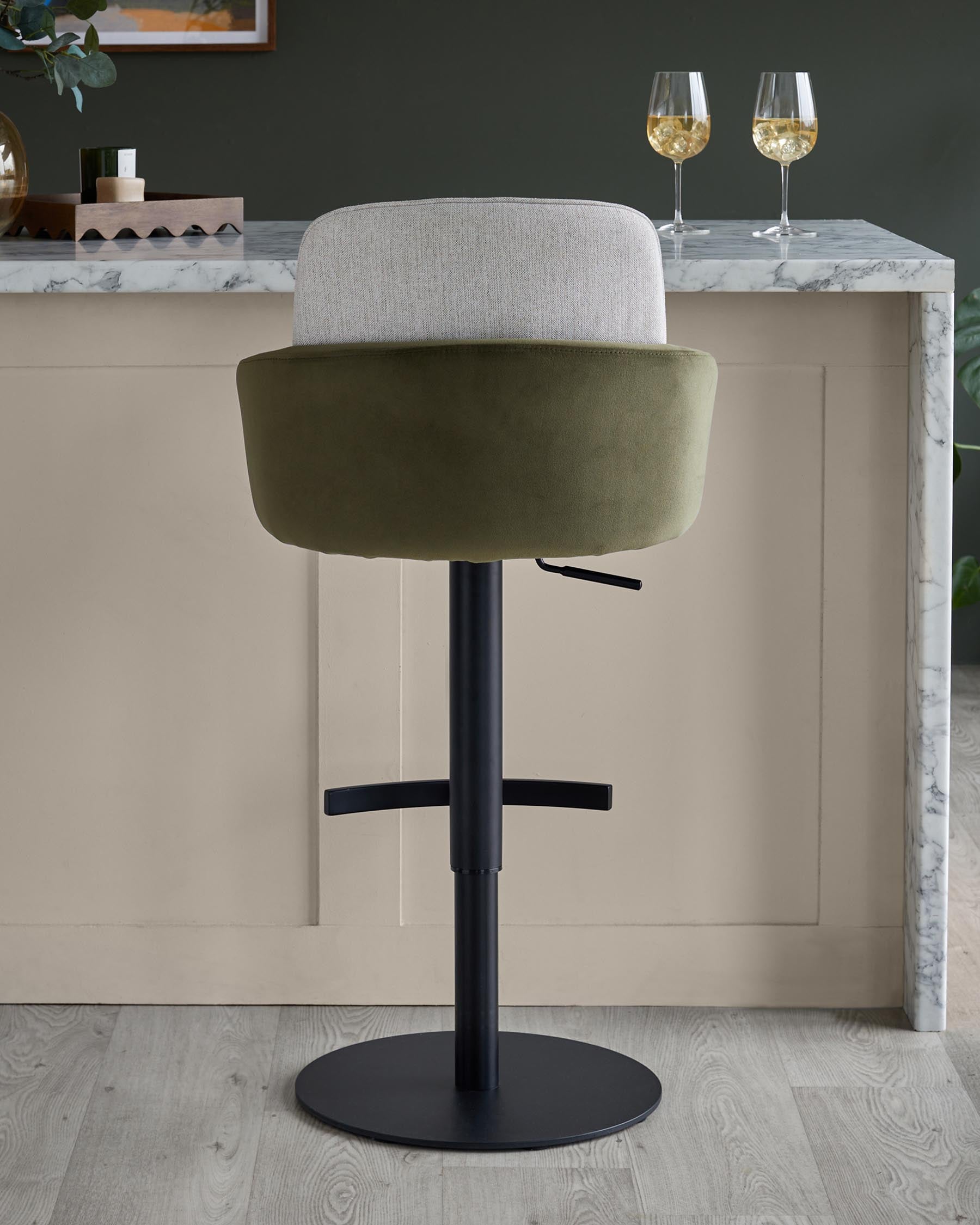 Wren natural fabric and olive green velvet gas lift bar stool