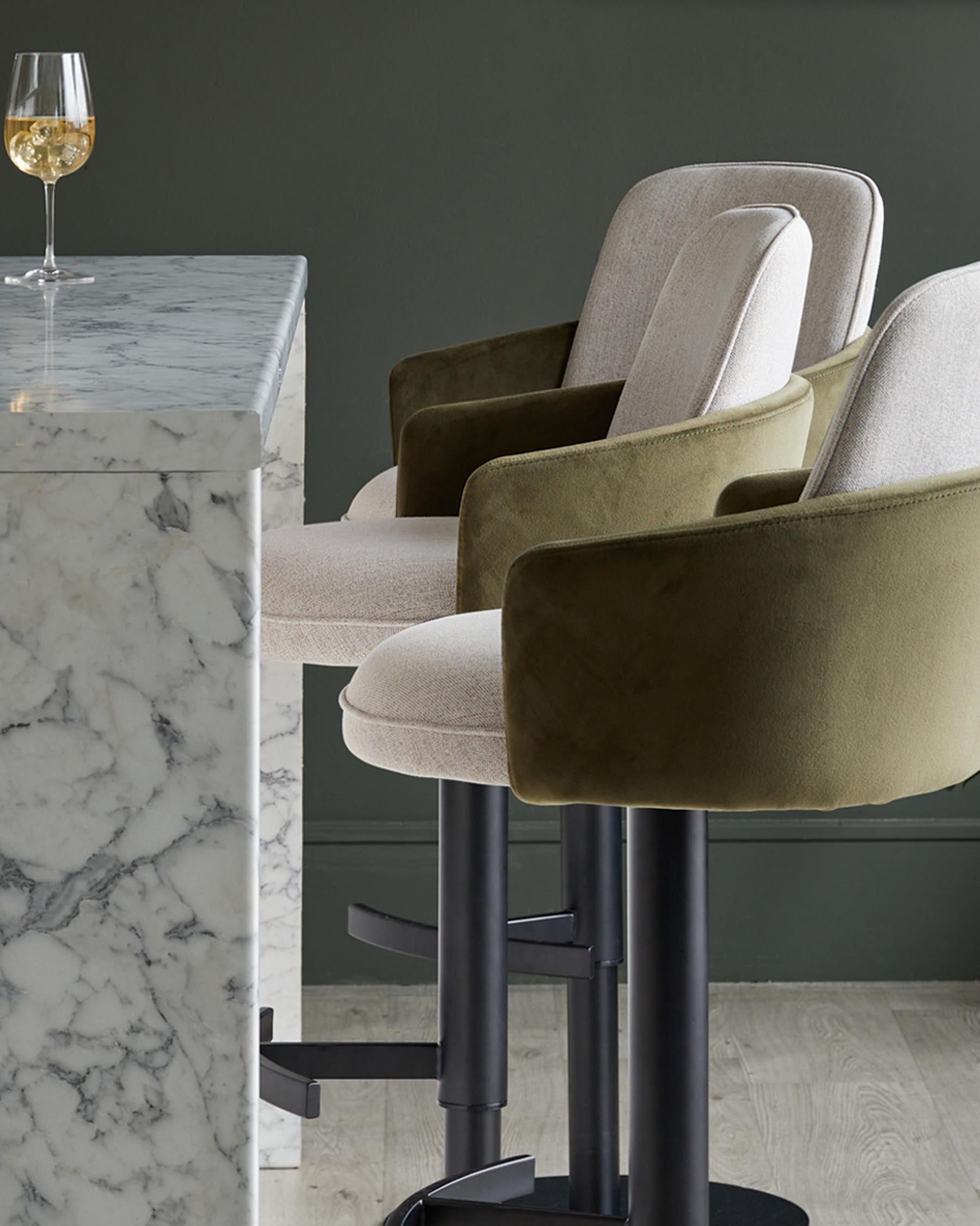 Wren natural fabric and olive green velvet gas lift bar stool