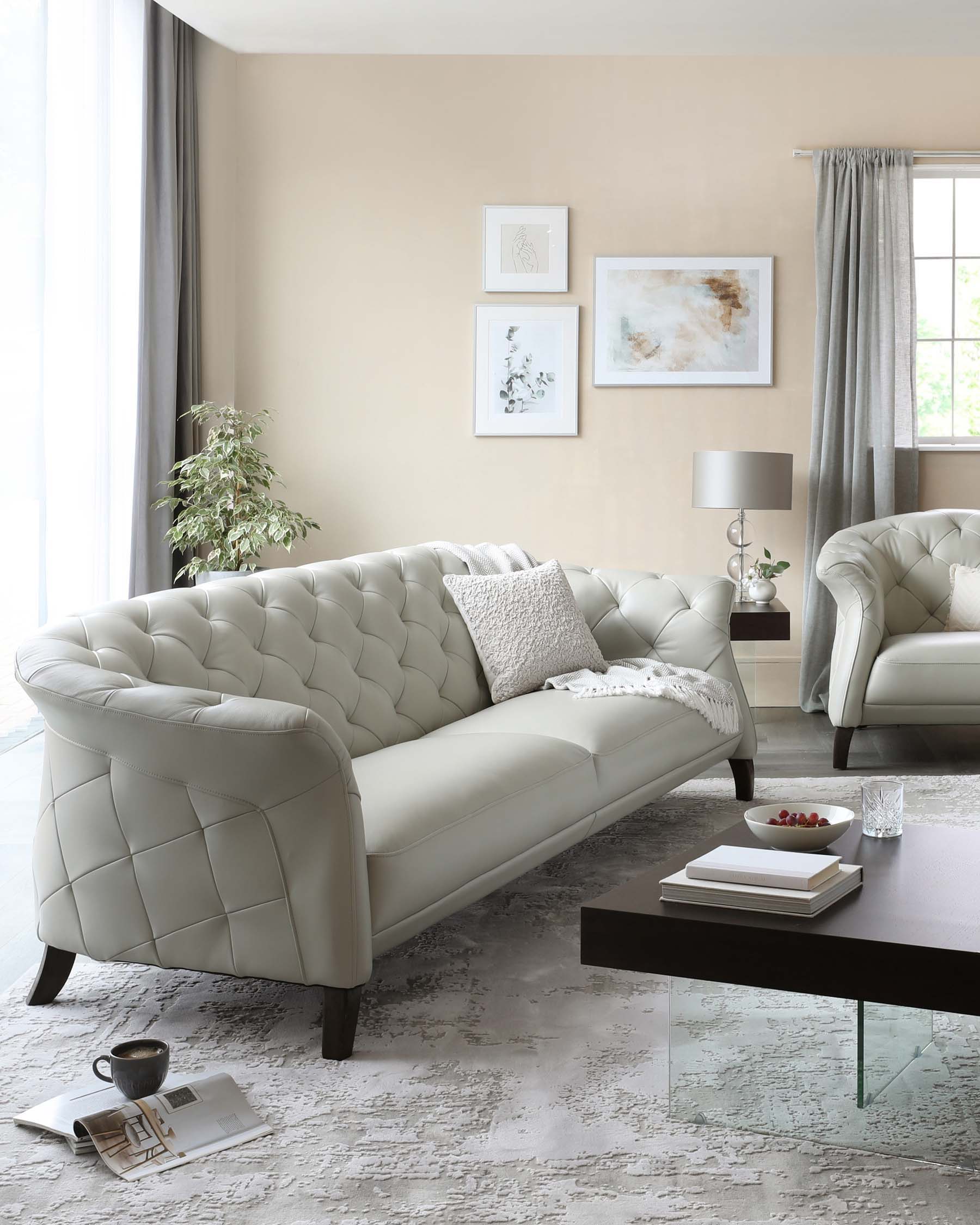 Luxe Modern Natural Grey Leather With Dark Wood Leg Large 3 Seater Sofa