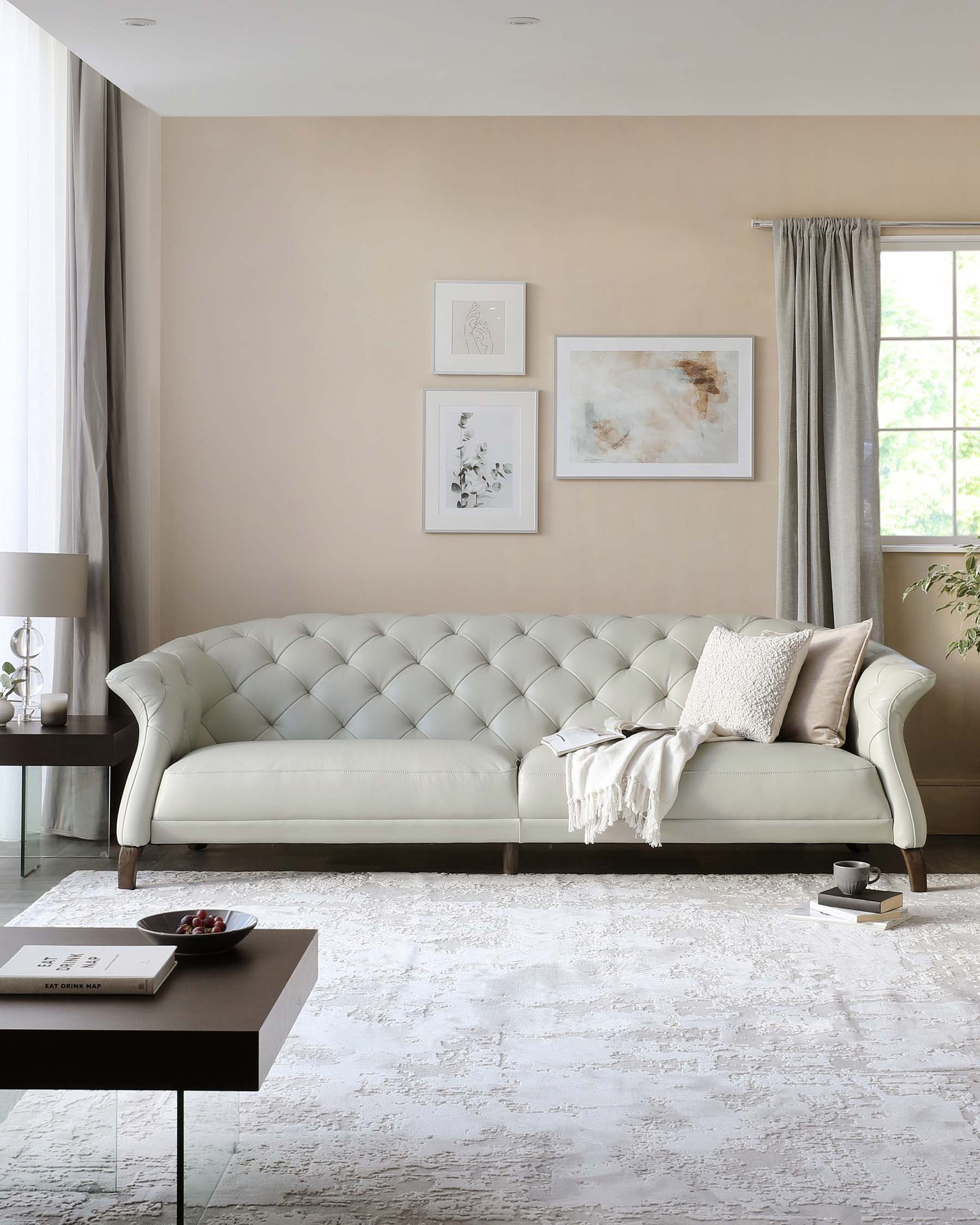 Luxe Modern Natural Grey Leather With Dark Wood Leg Large 3 Seater Sofa