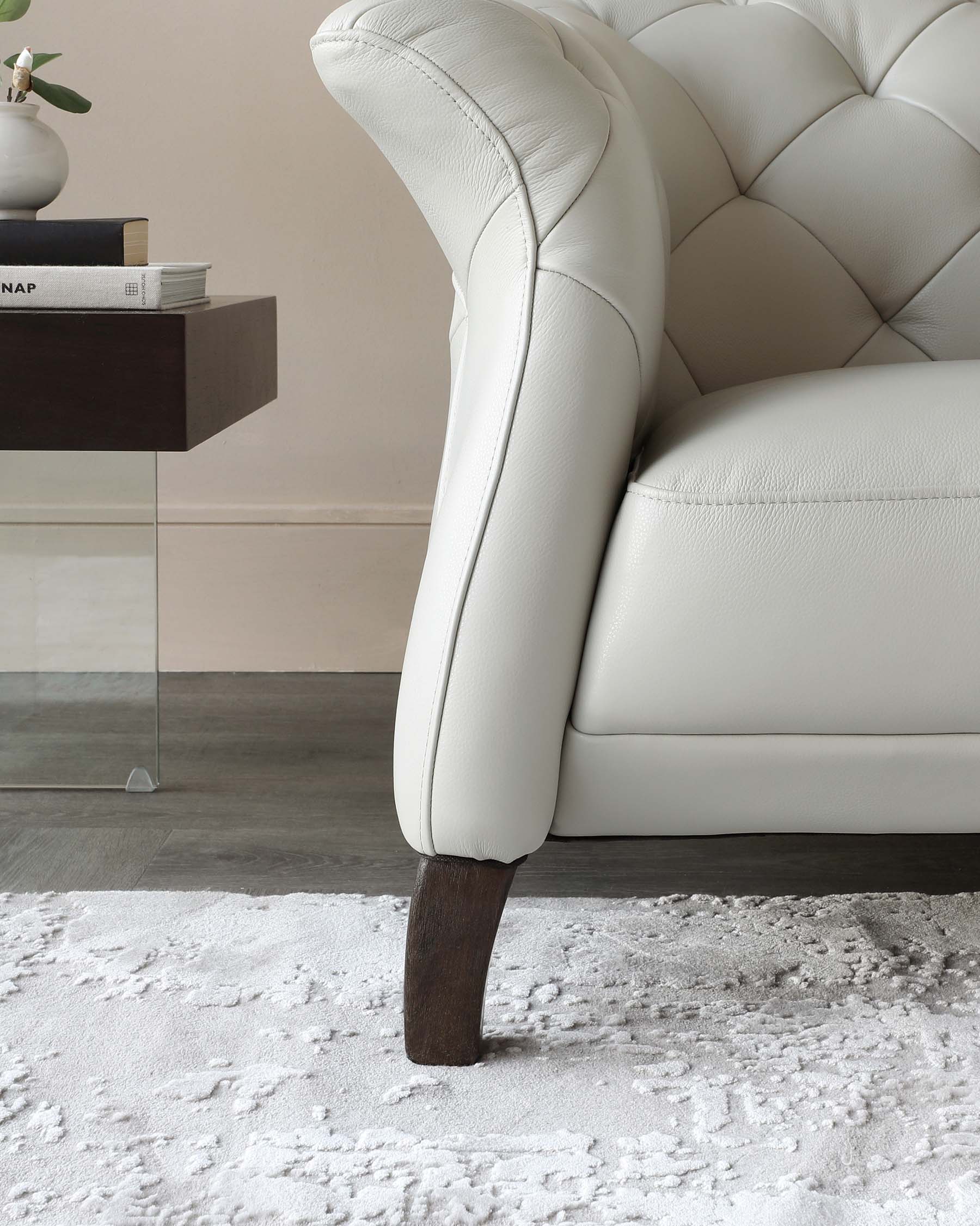 Luxe Modern Natural Grey Leather With Dark Wood Leg Large 3 Seater Sofa
