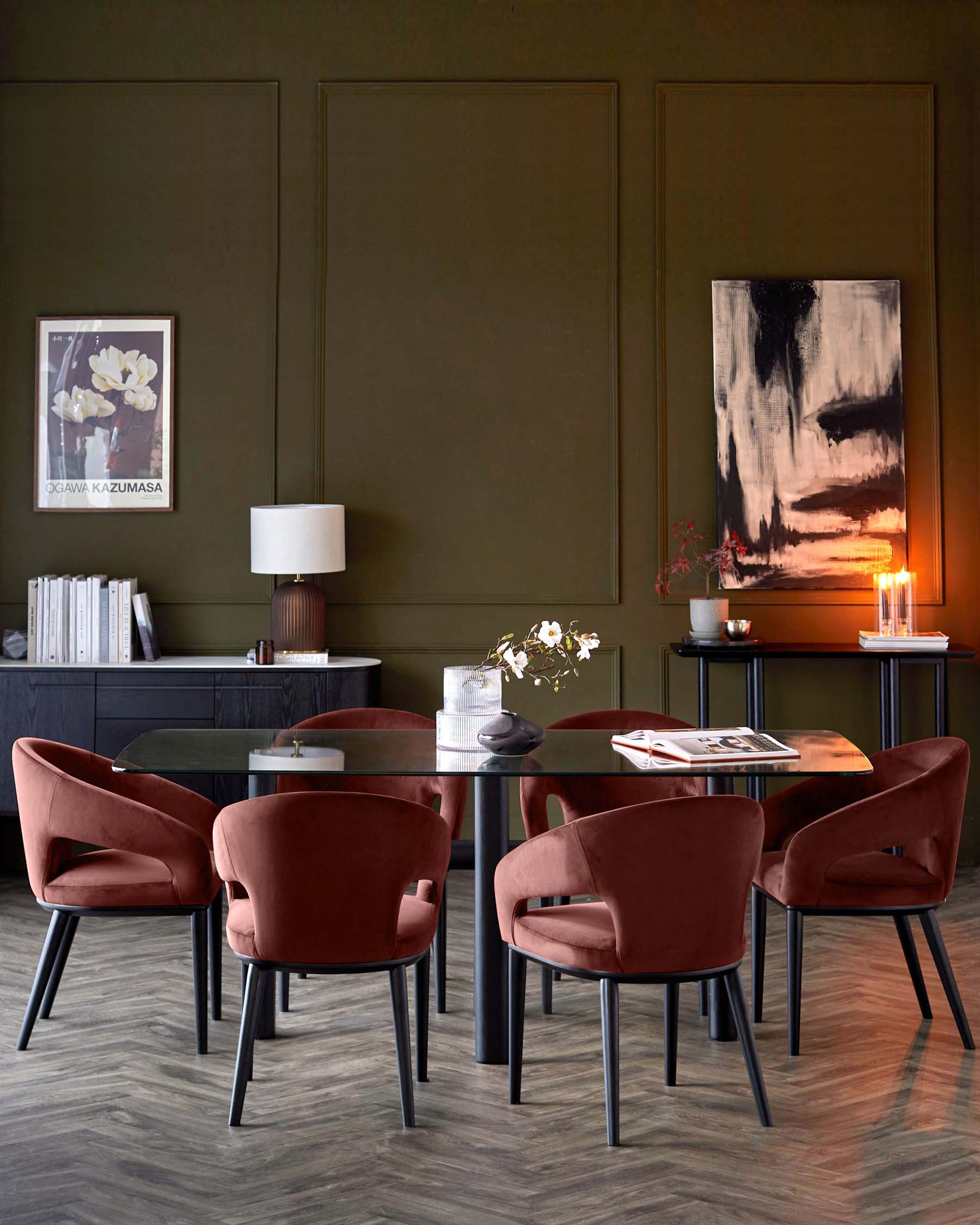 Brixton 6 seater table and 6 Heath toffee red dining chairs set