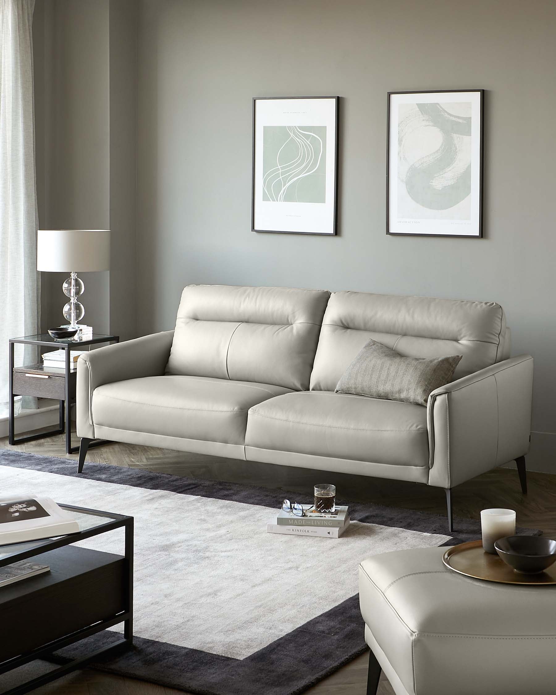 Brooks Light Grey Leather 3 Seater Sofa