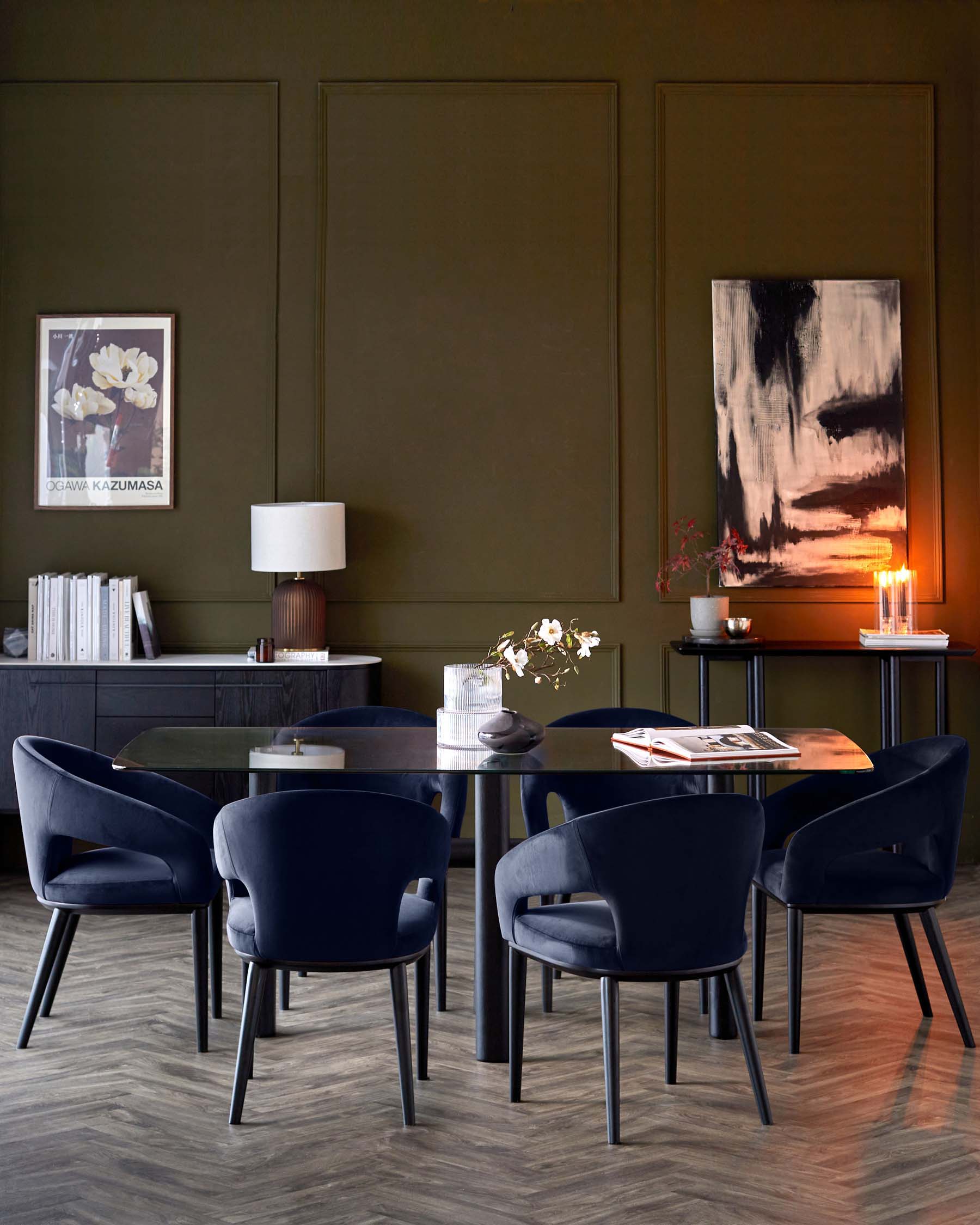 Brixton 6 seater table and 6 Heath navy dining chairs set
