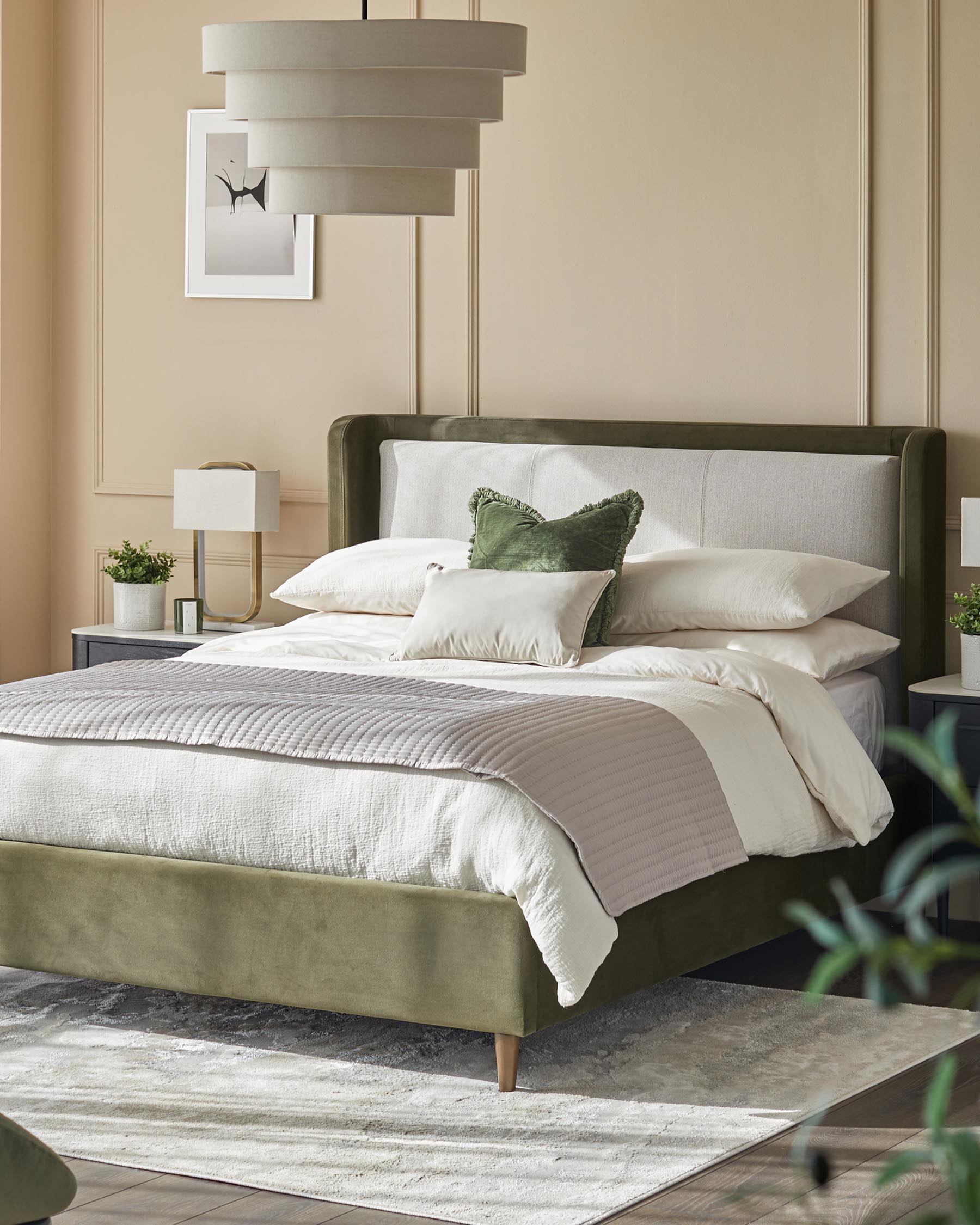 Grove natural fabric and olive green velvet king size ottoman storage bed