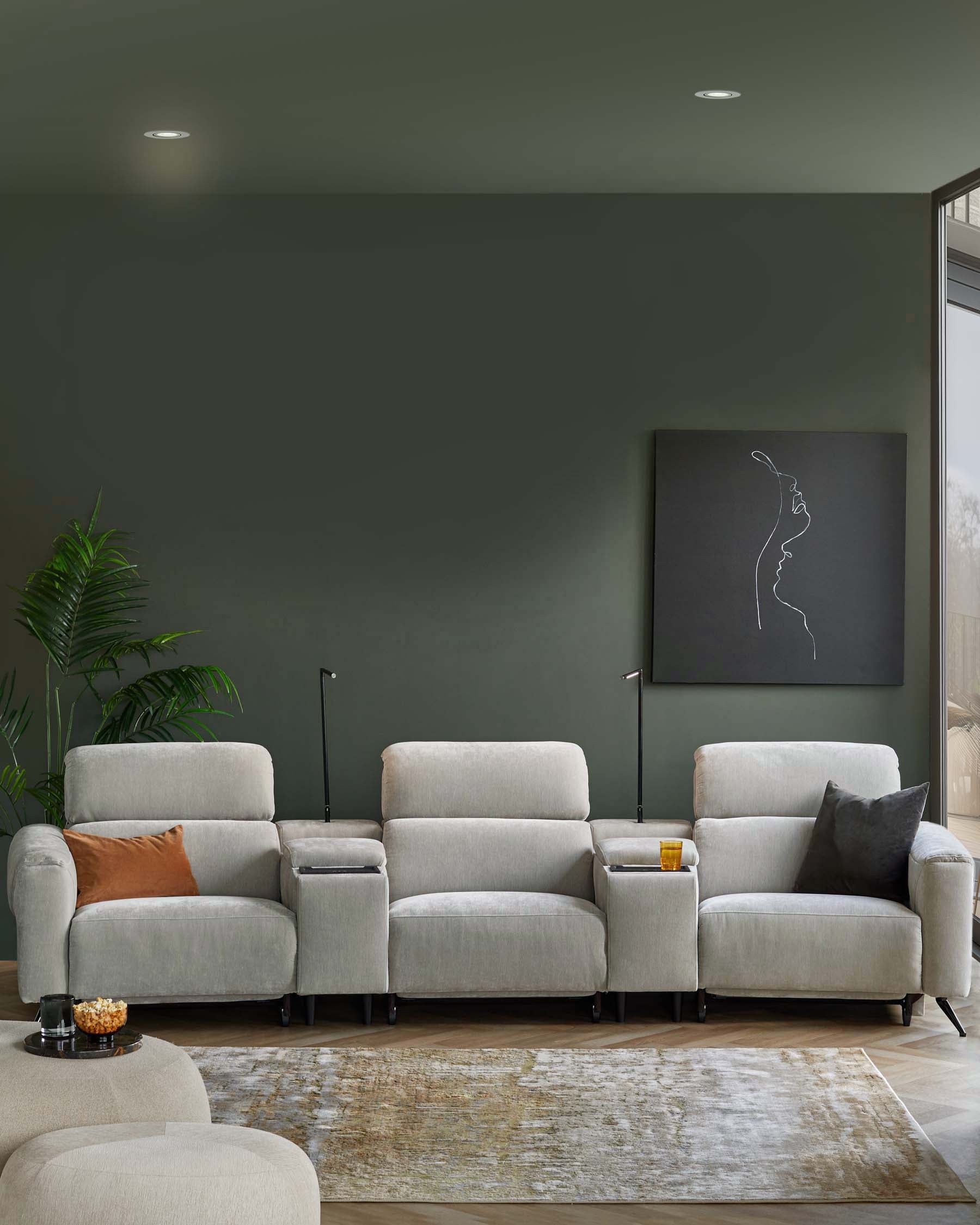 Kenzie light grey fabric recliner 3 seater sofa with console